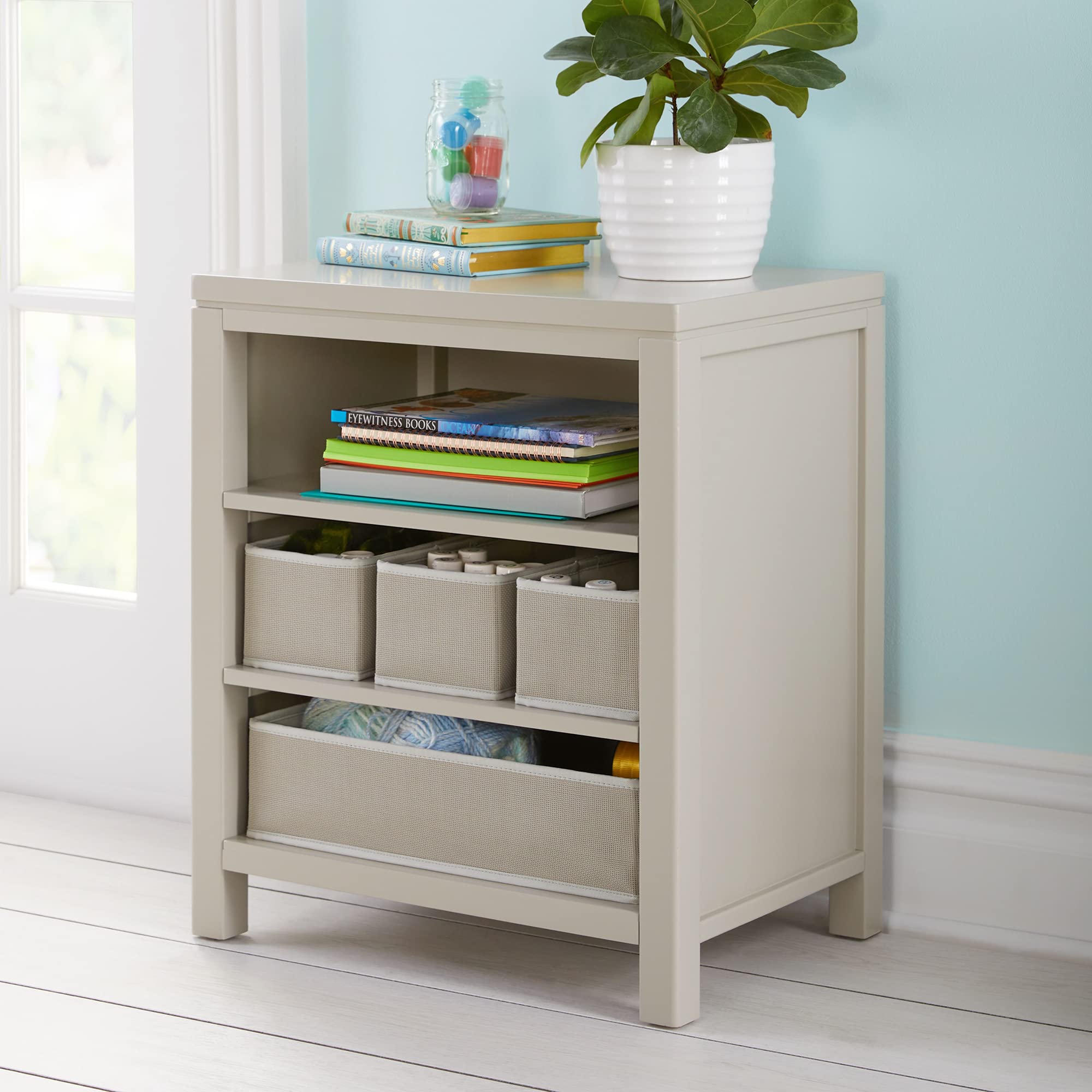 Martha Stewart Crafting Kids' Open Storage Shelf - Gray Wooden Organizer with Bins for Art Supplies, Toys & School Supplies | Perfect for Bedroom, Playroom & Classroom Organization