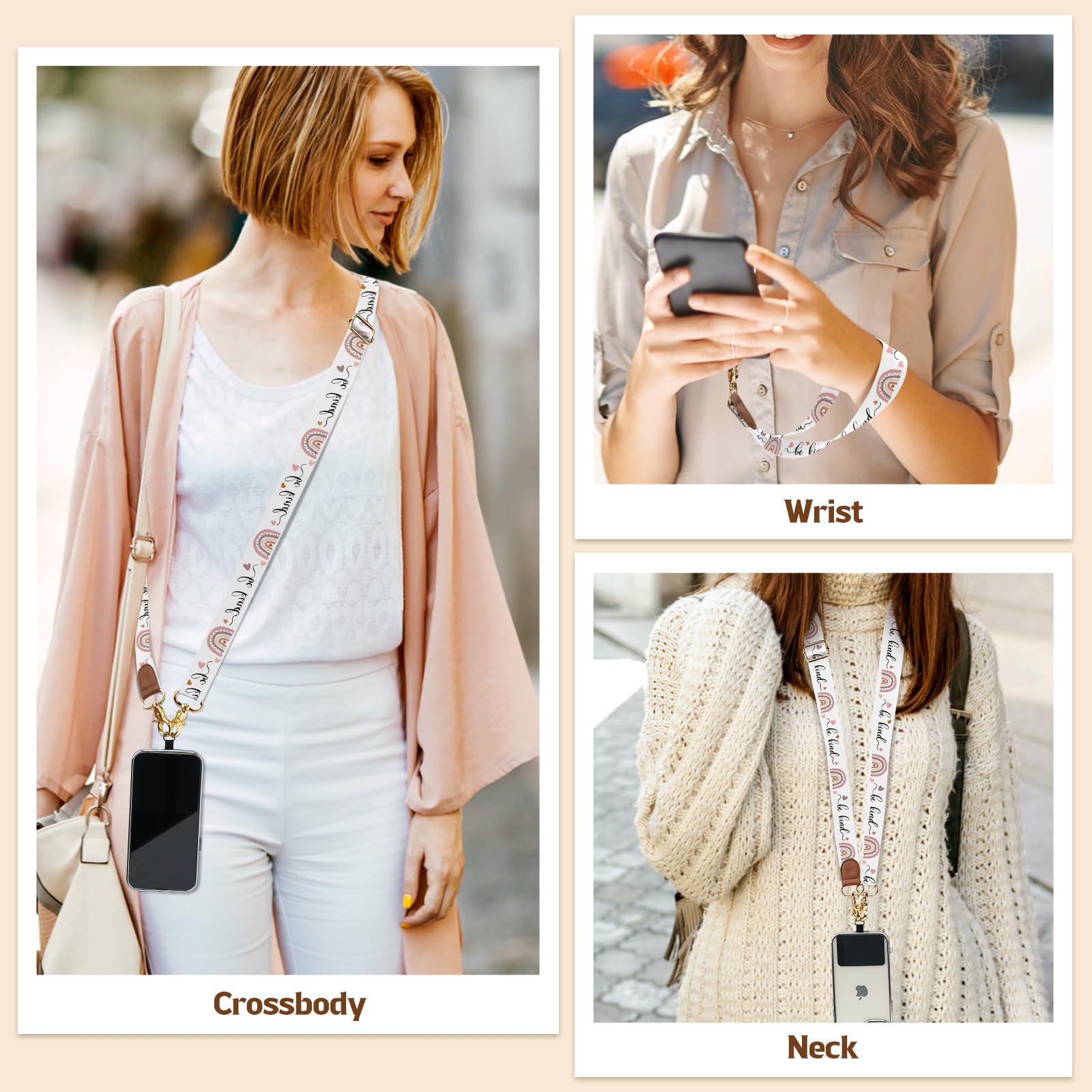 TiMOVO Adjustable Anti-Theft Phone Lanyard - Universal Crossbody Wrist Strap for All Phone Cases (Be Kind+Rainbow Design) - Perfect for Travel, Shopping, Concerts & Outdoor Activities
