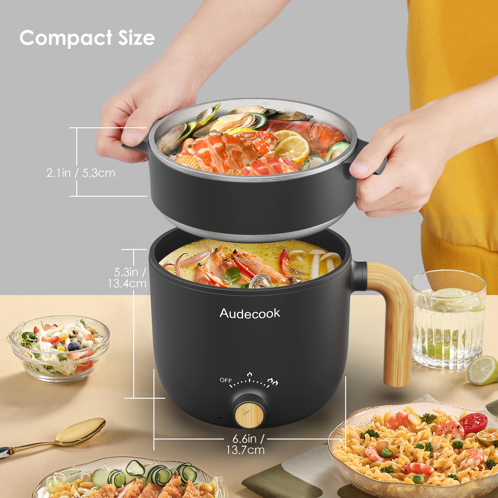 **Audecook 1.5L Electric Hot Pot with Steamer - Portable Nonstick Noodle Cooker, Dual Power Control for Pasta, Soup, Steak, Eggs & Oatmeal - Perfect for Travel, Dorm, Office & Small Kitchens (Black)**