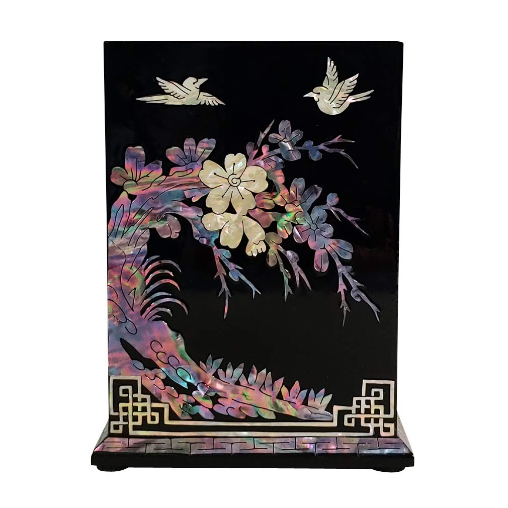 Exquisite Mother of Pearl Inlay Wooden Pen Holder - Black Chrysanthemum, Bamboo, Orchid & Plum Blossom Design - Elegant Desktop Organizer for Pens, Pencils & Brushes - Perfect for Office, Study & Calligraphy Workspace