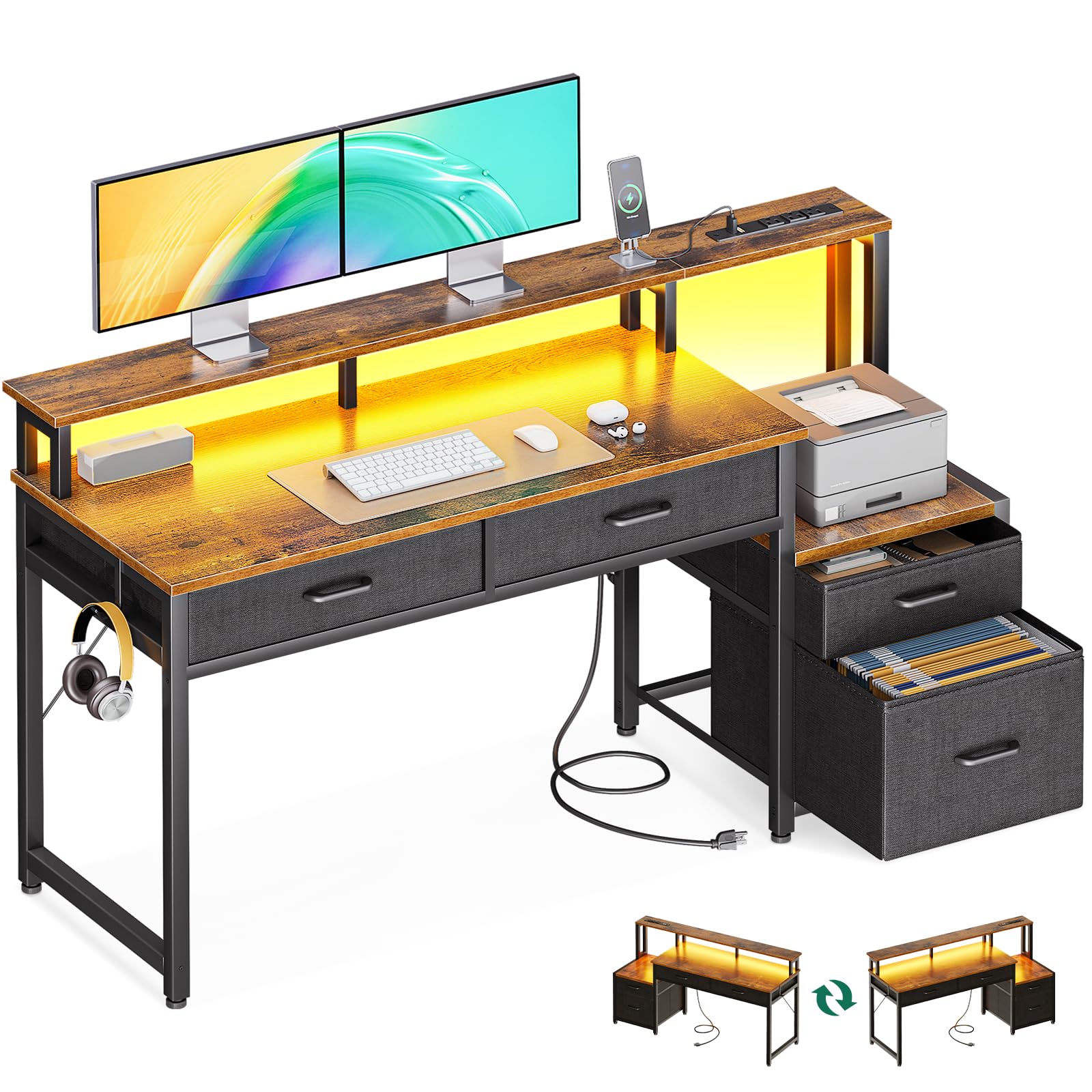 AODK 55 Inch Reversible Computer Desk with LED Lights & Power Outlet - Rustic Brown Home Office Desk with 4 Drawers, File Storage & Monitor Stand - Perfect for Remote Work, Gaming & Study Spaces