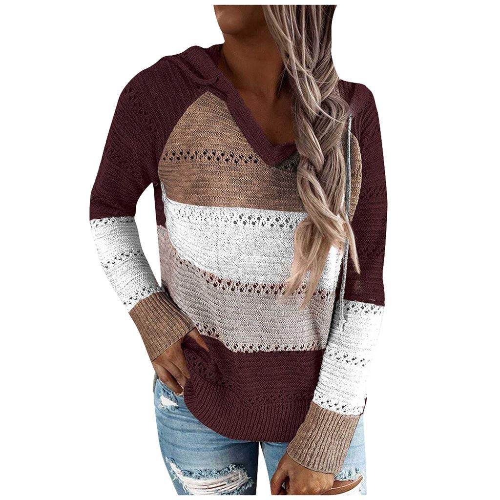 Vedolay Women's Color Block Striped Oversized Hooded Knit Sweater - Cozy Patchwork Pullover for Casual Wear, Fall & Winter Fashion, Loungewear & Outdoor Activities
