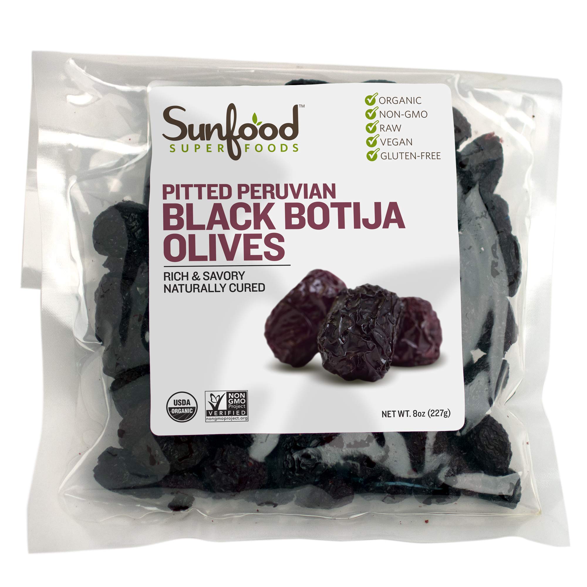Organic Sunfood Black Botija Pitted Olives - 8 Ounces | Raw, Non-GMO | Perfect for Salads, Charcuterie Boards & Mediterranean Recipes