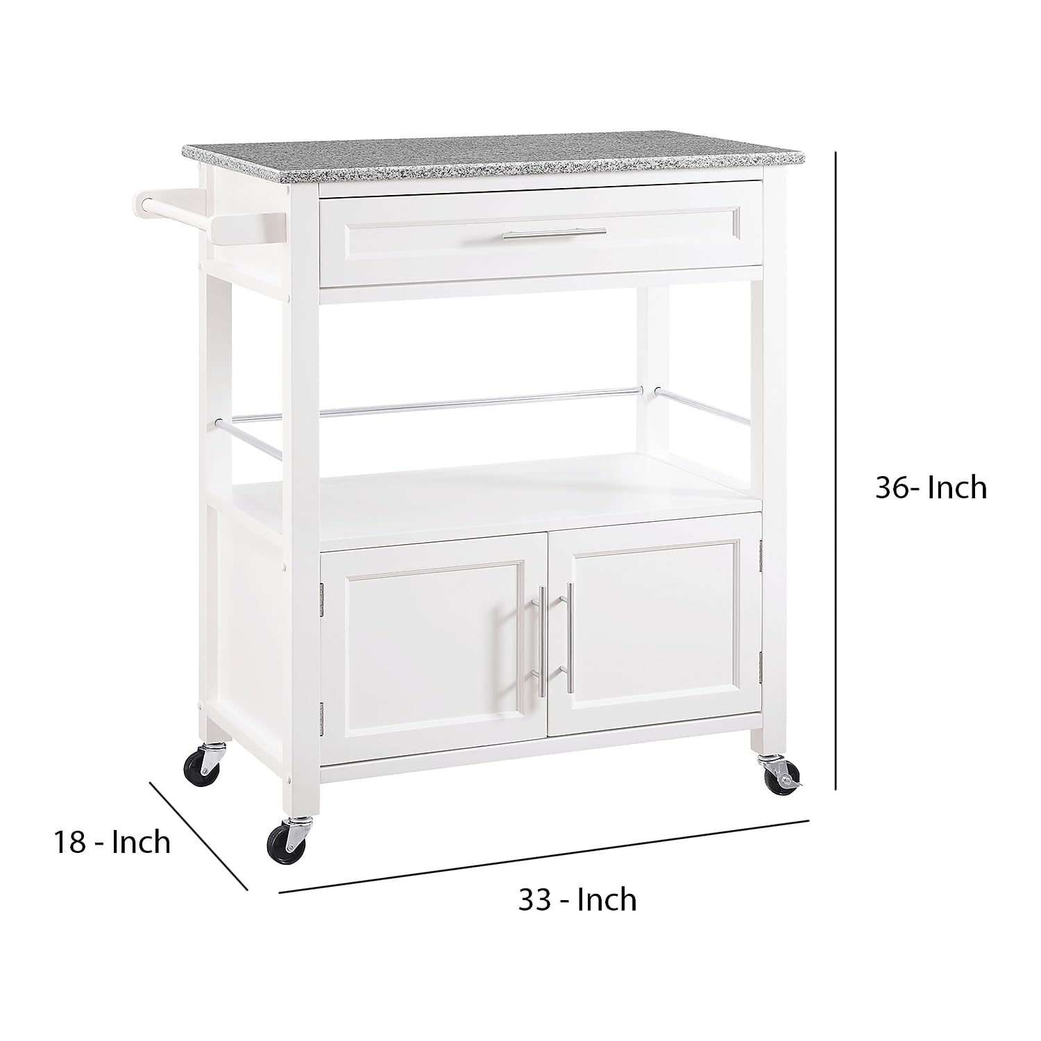 Benjara White and Gray Spacious Wooden Kitchen Cart with Granite Inlaid Top - Perfect for Small Kitchens, Pantry Storage, and Mobile Food Prep Station