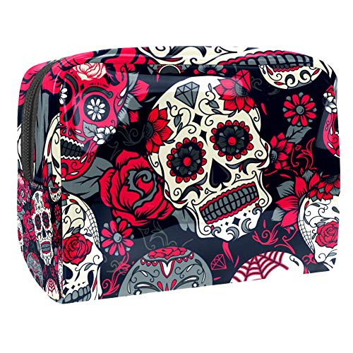 LEVEIS Sugar Skulls With Roses PVC Cosmetic Bag - Large Waterproof Makeup Pouch with Zipper for Travel, Toiletries & Organizer | Perfect for Daily Use, Gym, Beach & Vacation Essentials