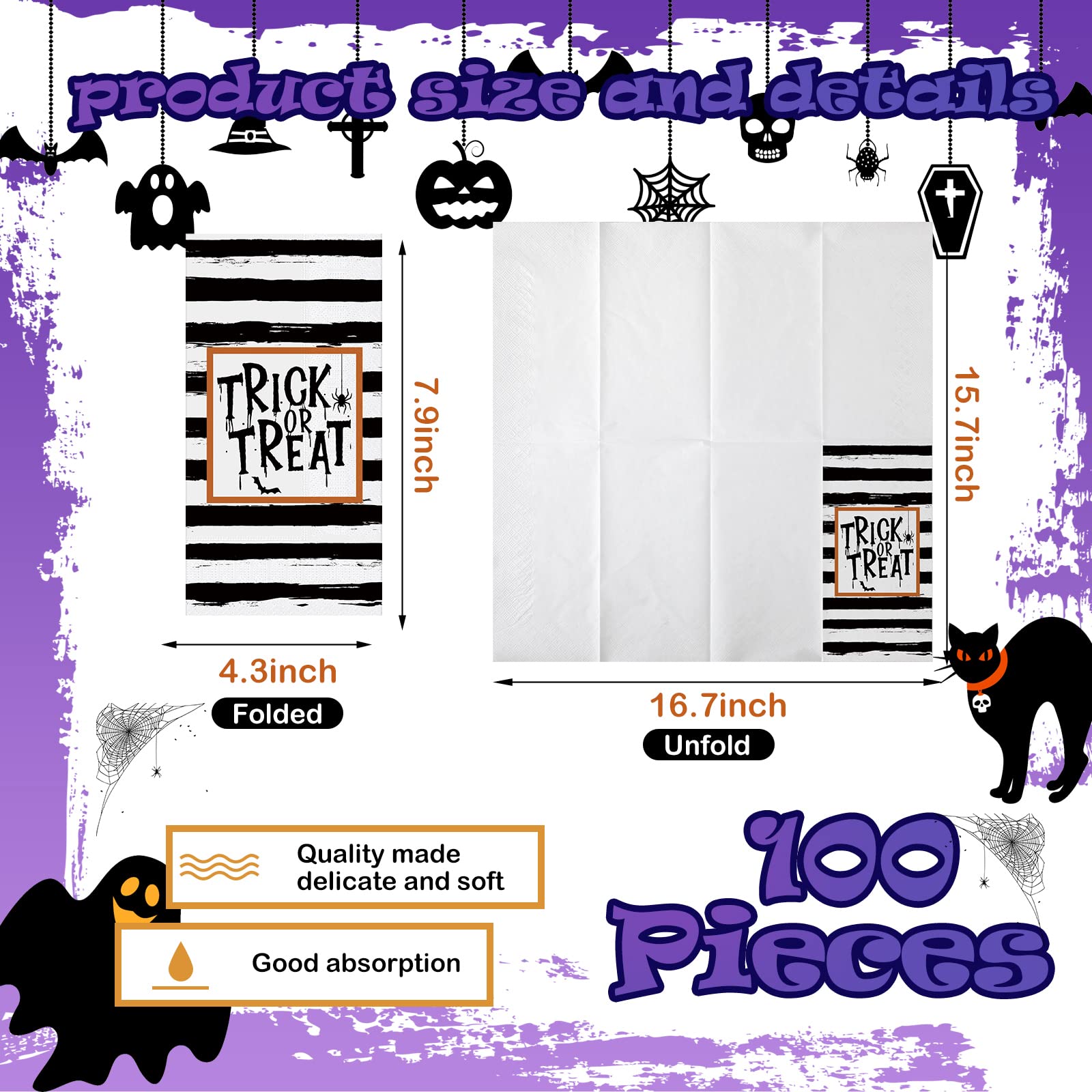 100-Pack Halloween Disposable Paper Napkins - Black & Orange Party Napkins for Halloween Decorations, Dinner Parties, and Bathroom Hand Towels | Perfect for Halloween Events, Themed Parties, and Spooky Home Decor