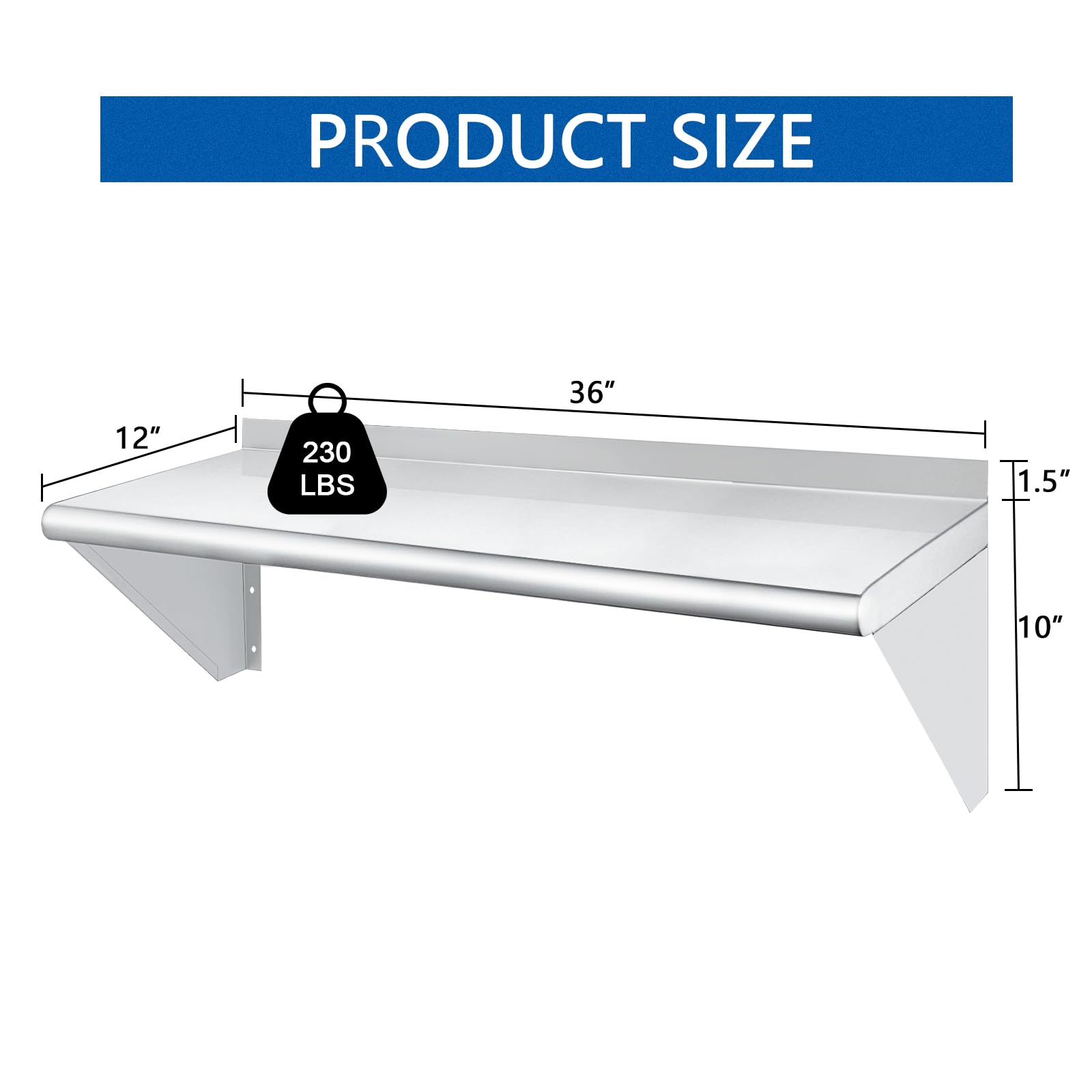 Stainless Steel Shelf 12x36 Inches - Heavy Duty 230lb Capacity Commercial Wall Mount Shelving with Backsplash & Brackets - Perfect for Kitchen, Restaurant, Laundry Room, Garage Storage & Home Organization