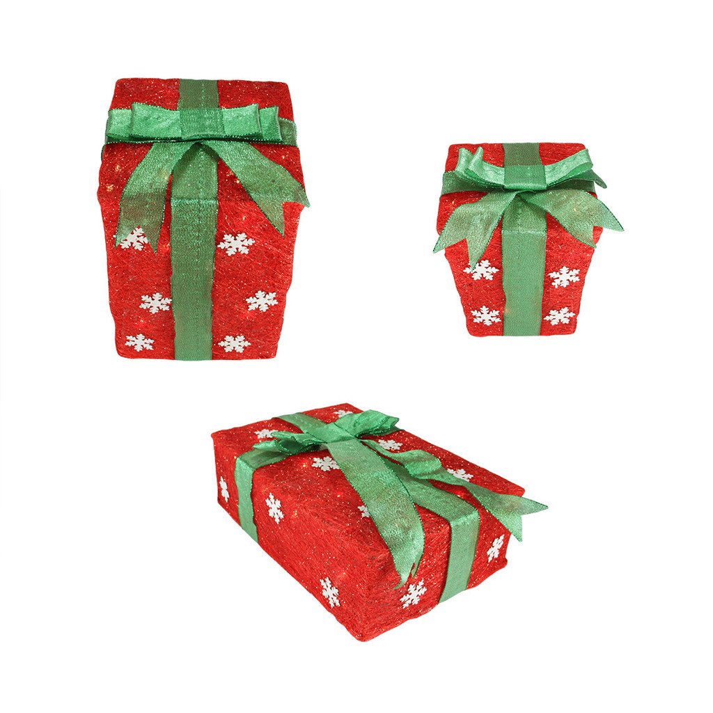 3-Pack LED Red Christmas Gift Boxes with Green Bows & Snowflakes - 13
