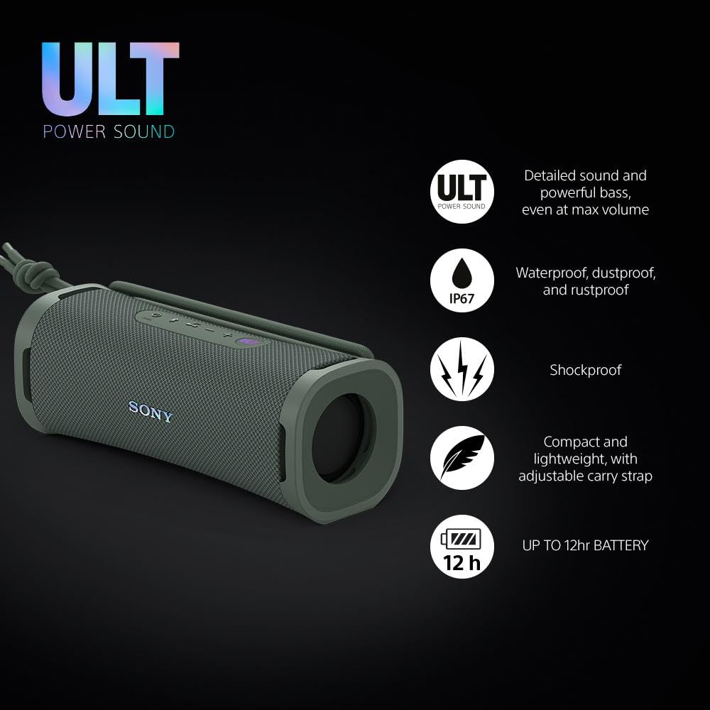 Sony ULT FIELD 1 Wireless Bluetooth Speaker - IP67 Waterproof, Dustproof & Shockproof | ULT POWER SOUND with Deep Bass | 12-Hour Battery | Clear Call Quality | Perfect for Outdoor, Travel, Camping & Beach (Forest Gray)