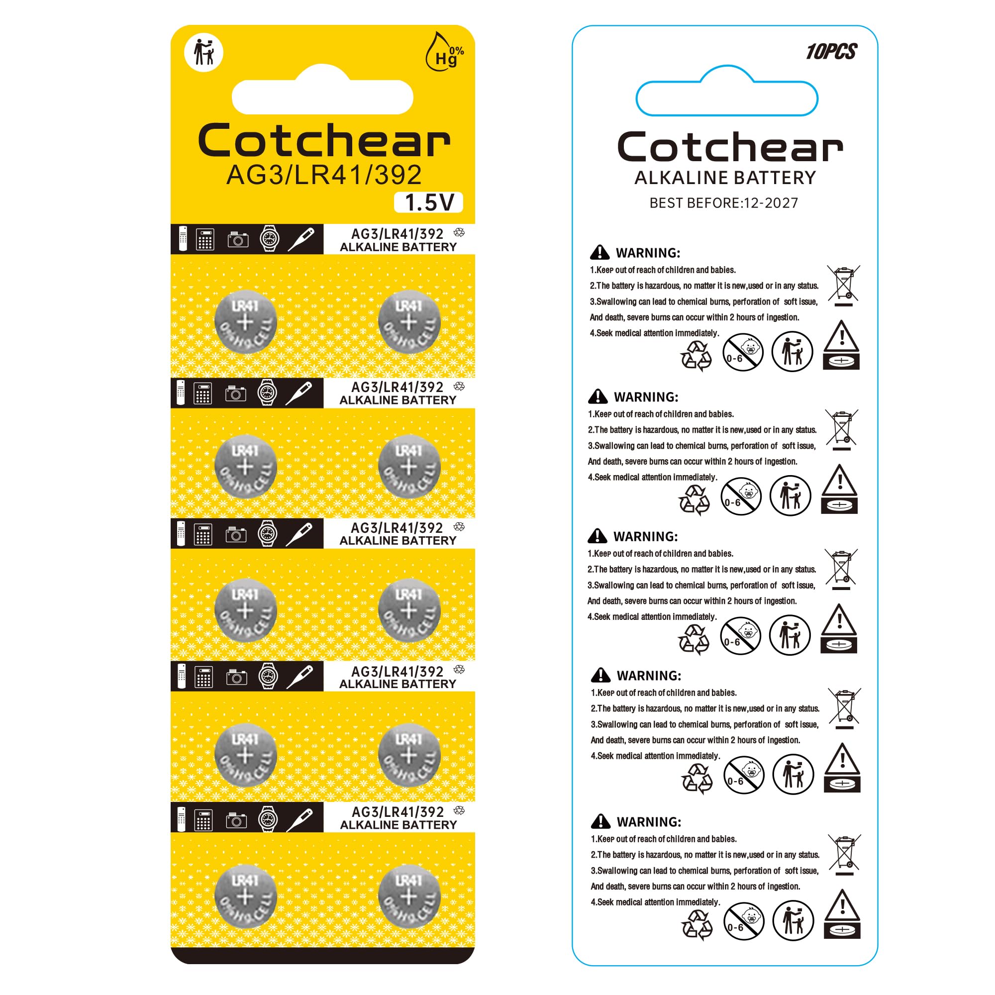 10-Pack AG3 LR41 1.5V Button Cell Batteries (392/384/192/SR41SW/CX41/L736) - Compatible with Watches, Toys, Clocks, Calculators & Medical Devices - Long-Lasting Power for Small Electronics