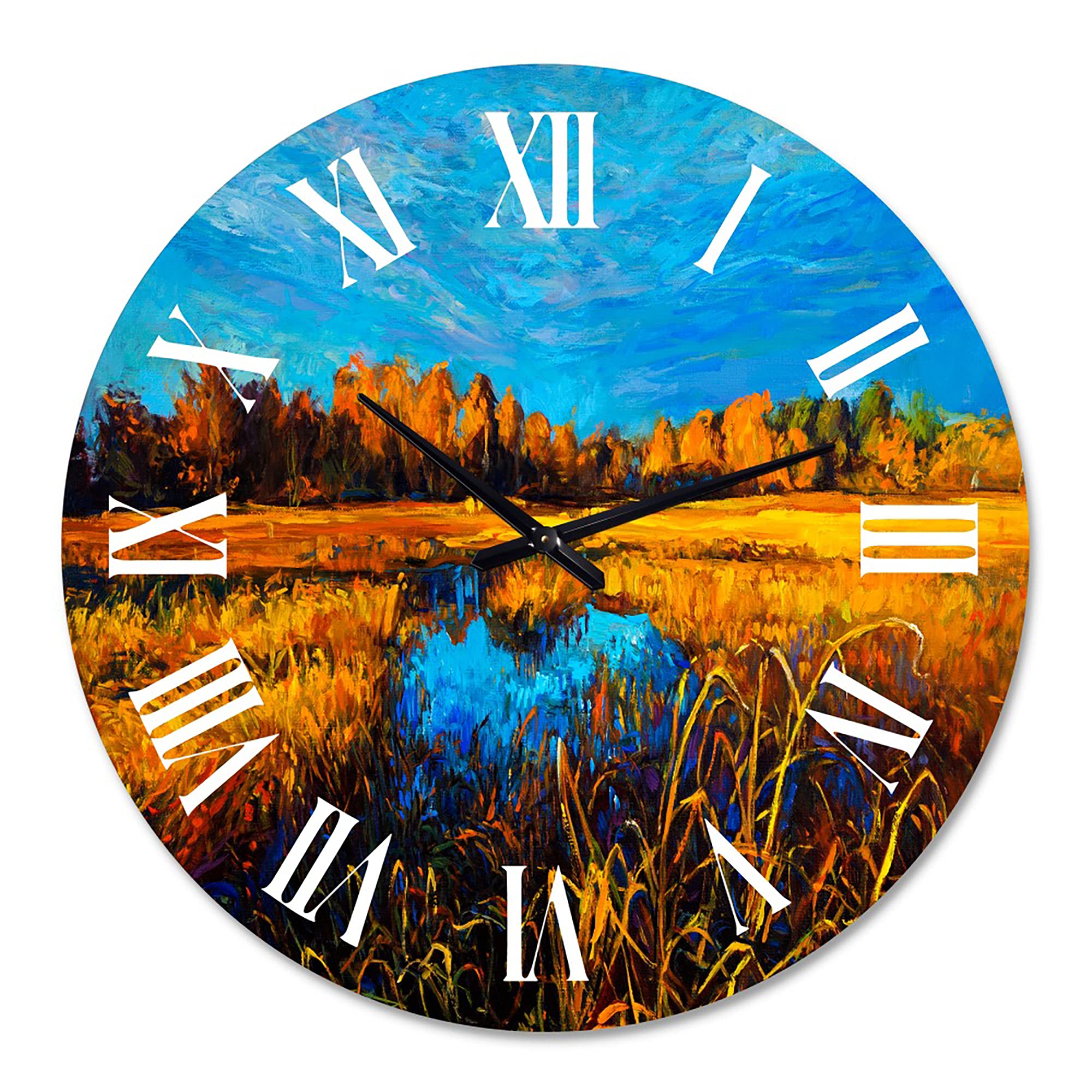 DesignQ Traditional Wall Clock - 'Orange Meadows Under A Light Blue Sky' Landscape Nature Art - Large Decorative Wall Clock for Living Room, Bedroom, Office - Perfect Home Decor Gift for Housewarming & Interior Design