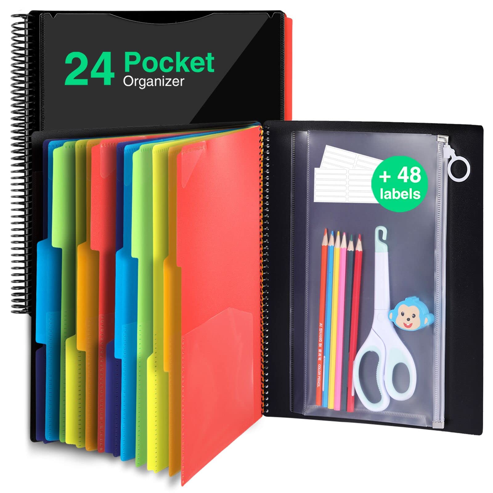 Forvencer 24-Pocket Project Organizer with 1/3-Cut Tabs & Sticky Labels | Multi-Pocket Zippered Folder | Spiral Notebook Binder | Letter Size Black | Perfect for Office, School & Document Organization