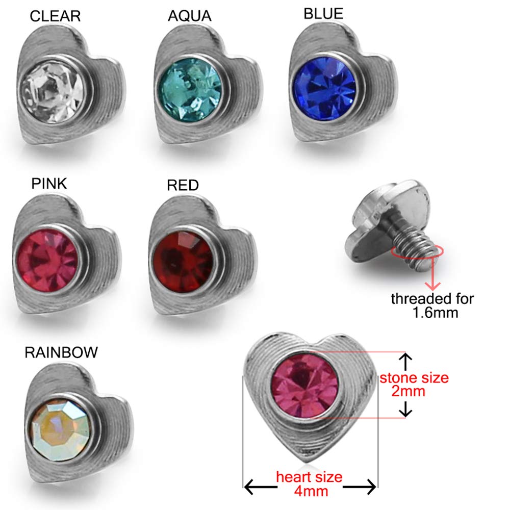 316L Surgical Steel Internally Threaded Micro Dermal Anchor Piercing Jewelry - Crystal Heart Stone Design for Belly, Nose, Ear - Hypoallergenic Body Jewelry for Sensitive Skin
