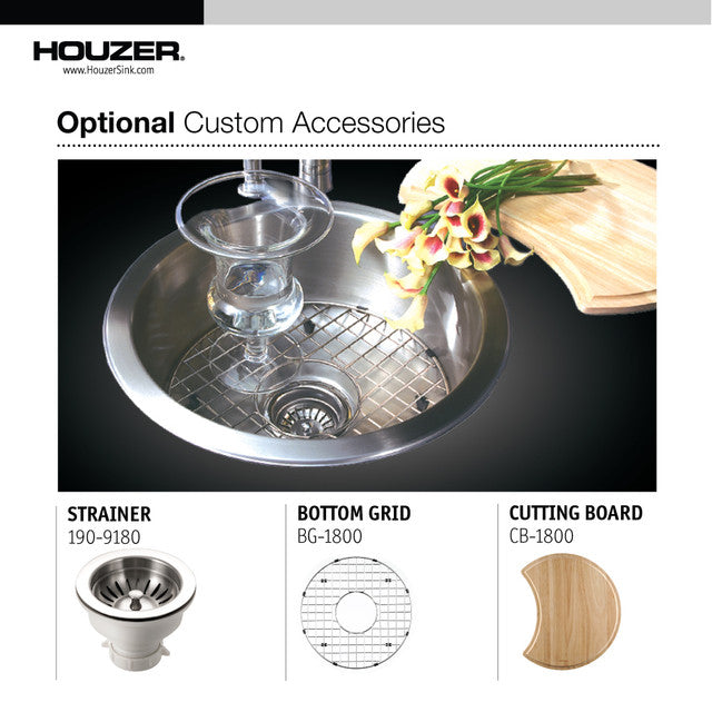 Houzer 18-Inch Stainless Steel Drop-In Topmount Round Single Bowl Bar Sink - Commercial Grade Prep Sink for Restaurants, Bars & Home Kitchens - Perfect for Food Prep, Drink Mixing & Dishwashing