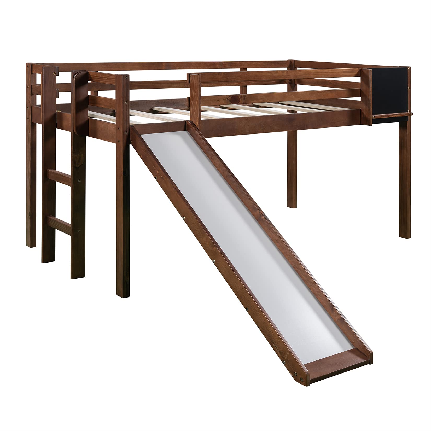 Twin Low Loft Bed Frame for Kids & Teens - Sturdy Wooden Junior Loft Bed with Ladder - Perfect for Small Bedrooms & Shared Spaces (Walnut Finish)