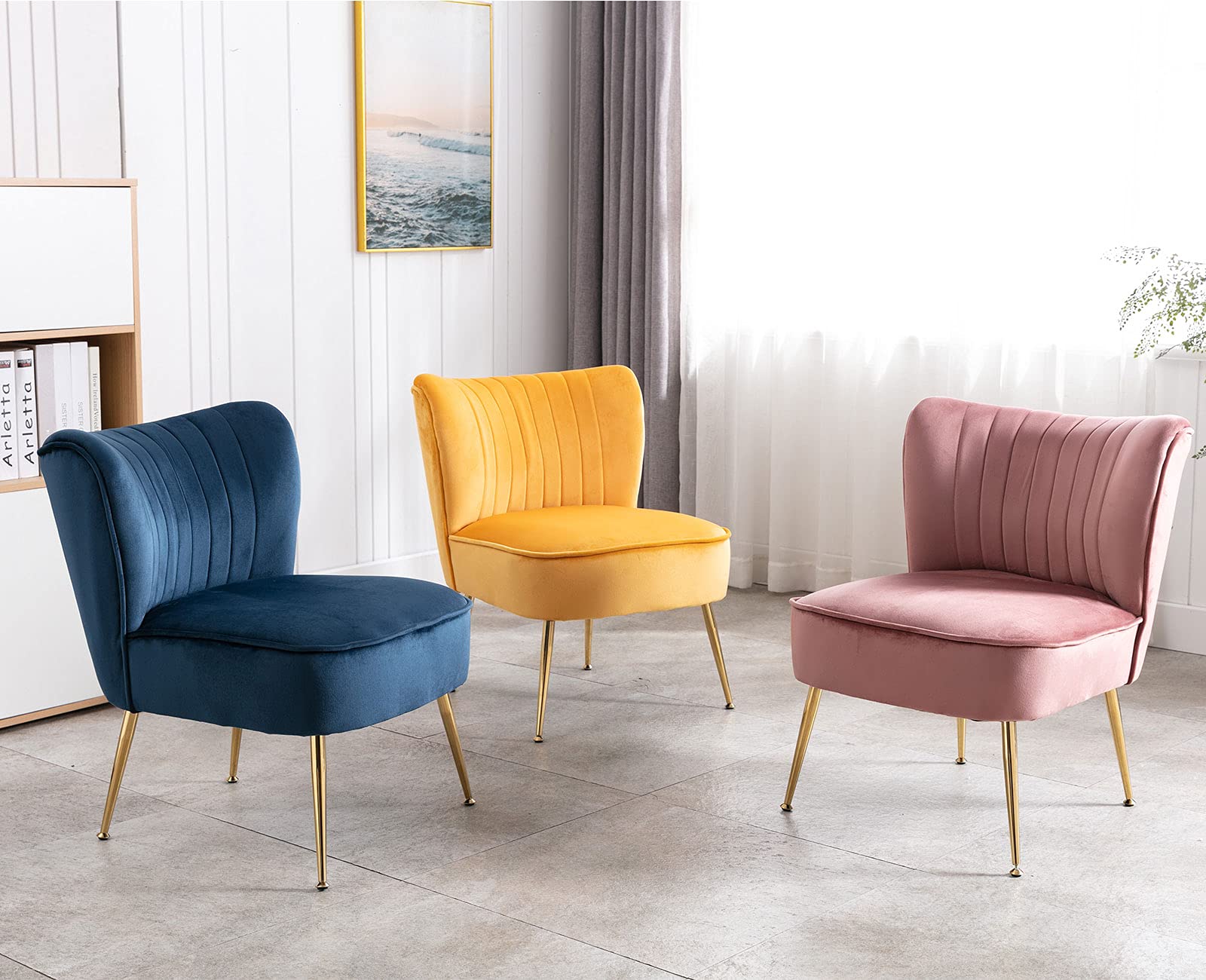 Velvet Accent Chairs Set of 2 - Mid-Century Modern Upholstered Side Chairs with Golden Legs - Blue Slipper Chairs for Living Room, Guest Room & Corner Seating - Comfy Armless Wingback Sofa Chairs for Relaxing & Home Decor