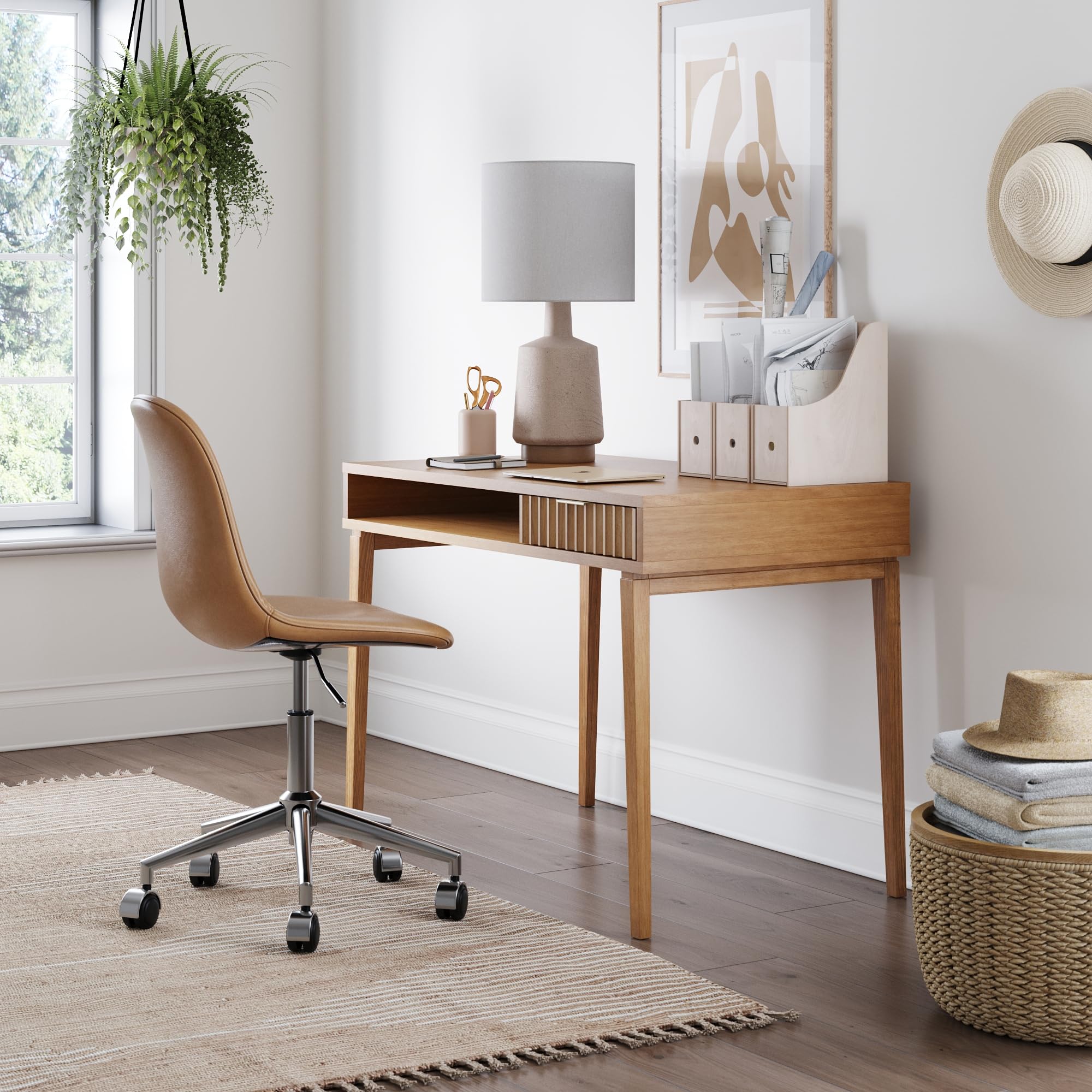 Nathan James Jasper Small Home Office Desk with Storage - Bohemian Style Writing Desk with Drawer & Open Cubby, Natural Brown Wood - Perfect for Small Spaces, Home Office & Study Room