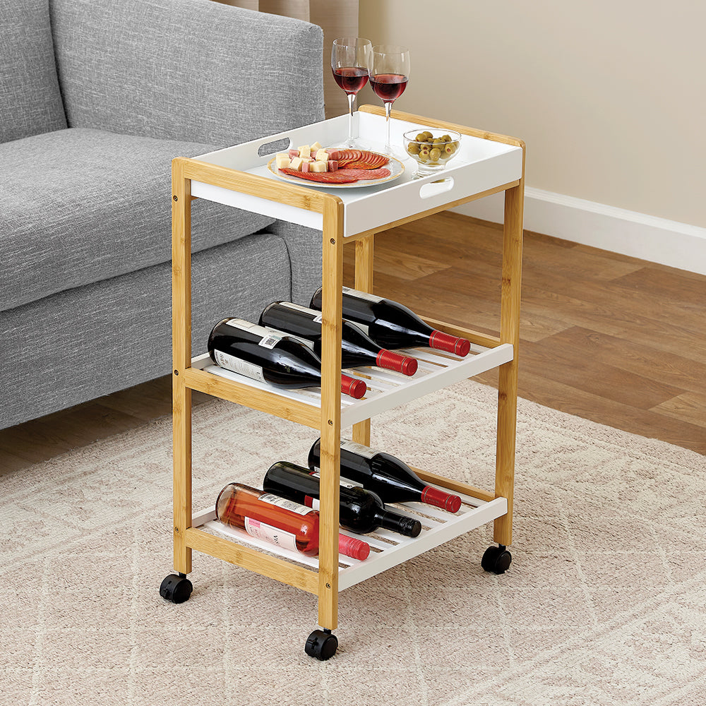 Premium Bamboo Serving Cart with Wheels - Sturdy & Elegant Rolling Bar Cart for Kitchen, Dining Room, or Outdoor Entertaining - Perfect for Parties, Buffets & Home Decor