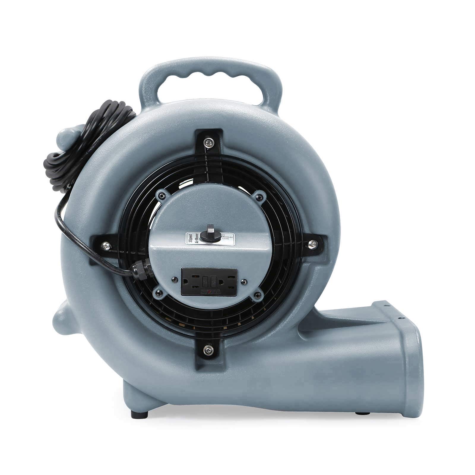 Dryser Air Mover 3-Speed Industrial Carpet Dryer & Floor Fan - 1/3 HP Motor with 2 GFCI Outlets, Stackable Gray Blower for Water Damage Restoration, Flood Cleanup & Carpet Drying