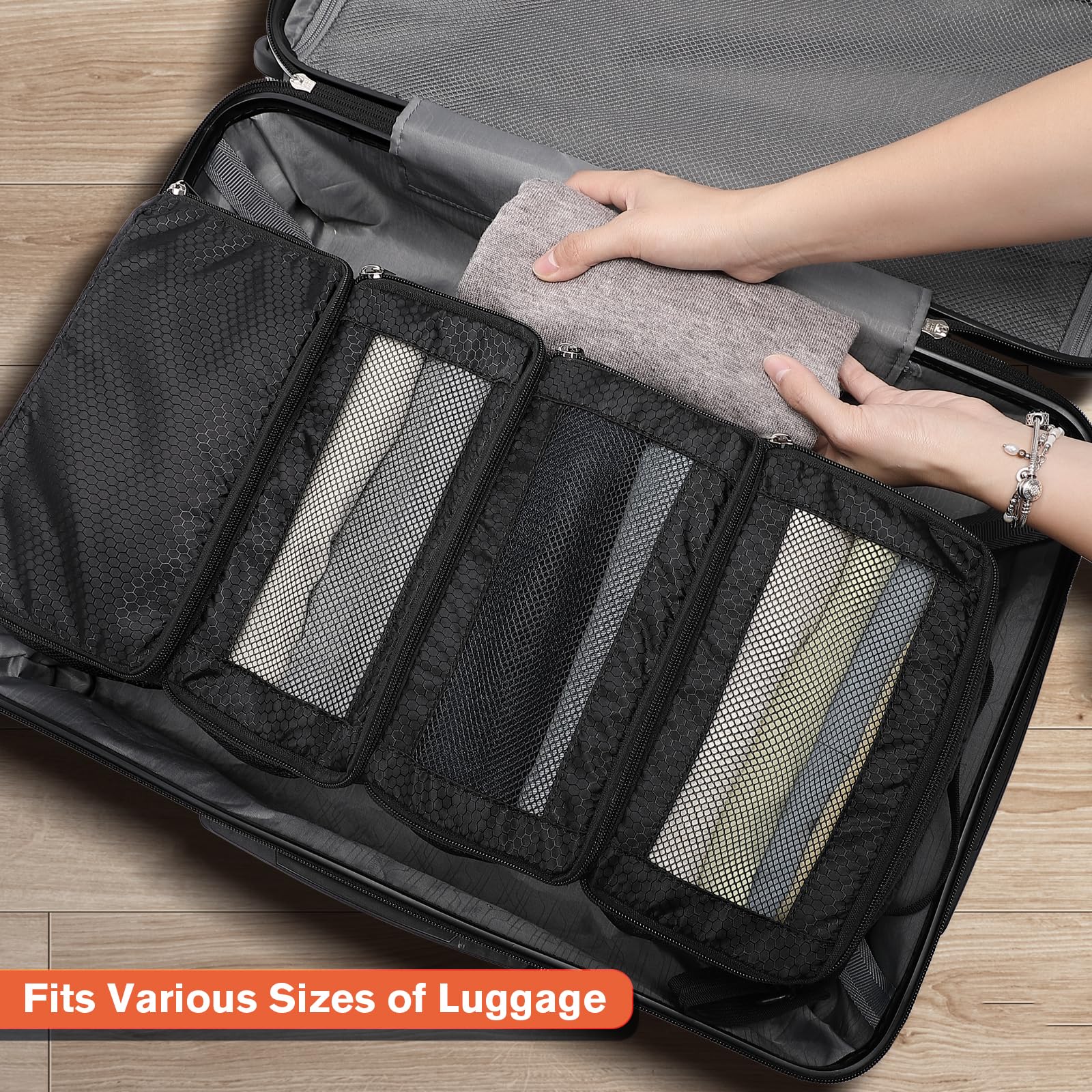 Collapsible Hanging Suitcase Organizer - Travel Packing Cubes for Carry-On Luggage, Portable Hanging Closet Shelves (Black) | Perfect for Business Trips, Weekend Getaways & Airplane Travel Organization