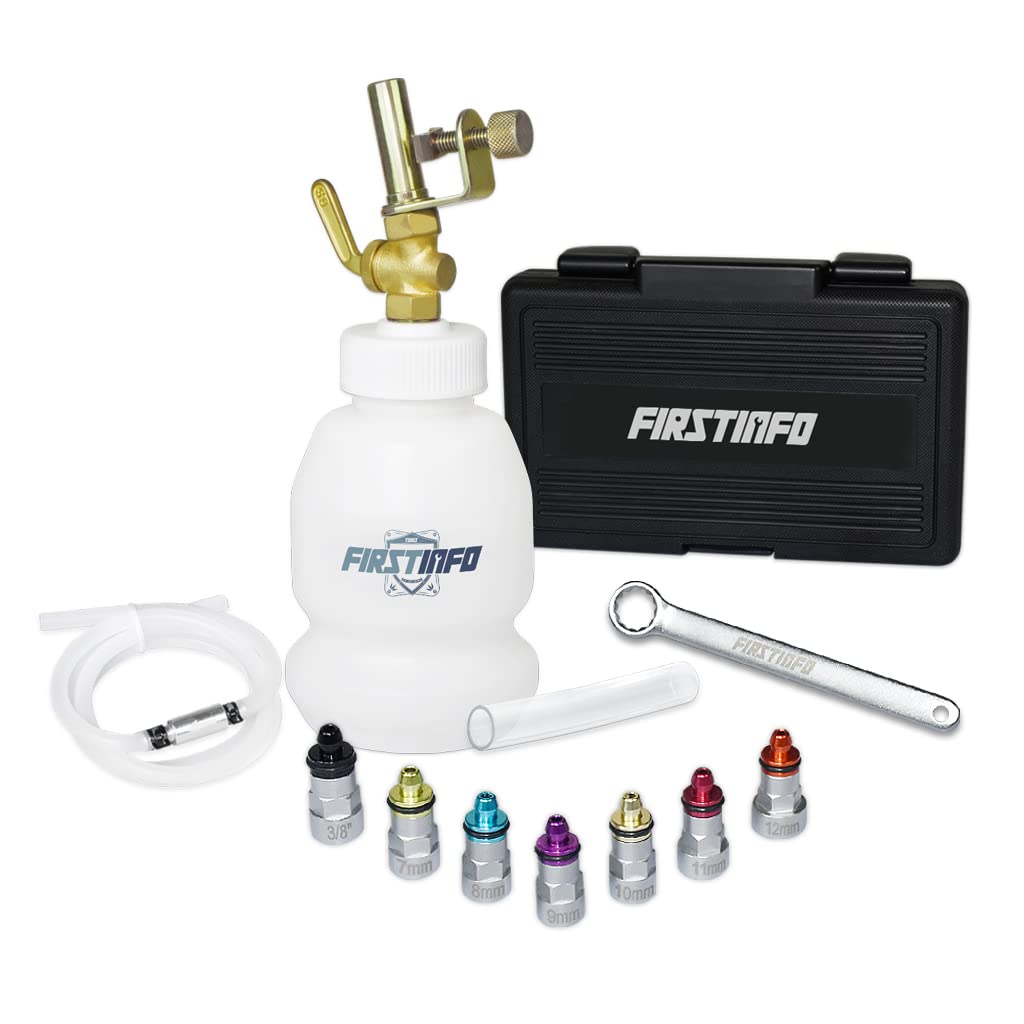 FIRSTINFO 1 Liter Brake Fluid Dispenser - Automatic Brake Bleeder Kit with 12-Point 7-12mm & 3/8-Inch Drive Sockets and Wrench Set - Perfect for Car Maintenance, DIY Brake Service & Professional Auto Repair