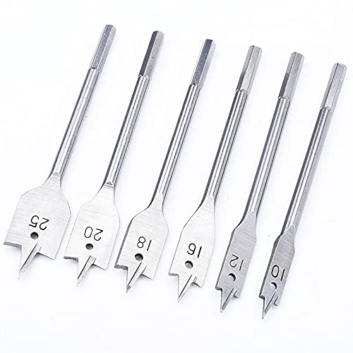 6-Piece High Carbon Steel Spade Drill Bits Set (10mm-25mm) - Hex Shank Flat Boring Wood Drill Bits for Power & Hand Tools - Perfect for Woodworking, DIY Projects, and Hole Punching in Wood, Plastic & Soft Materials