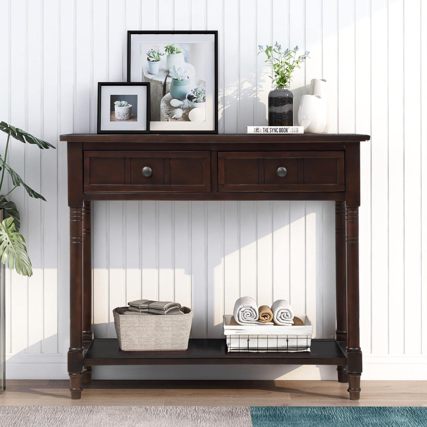 JINS&VICO Espresso Console Table with 2 Drawers & Bottom Shelf - Entryway Sofa Table, Sideboard for Living Room, Dining Room | Perfect for Hallway Decor, Home Storage & Display