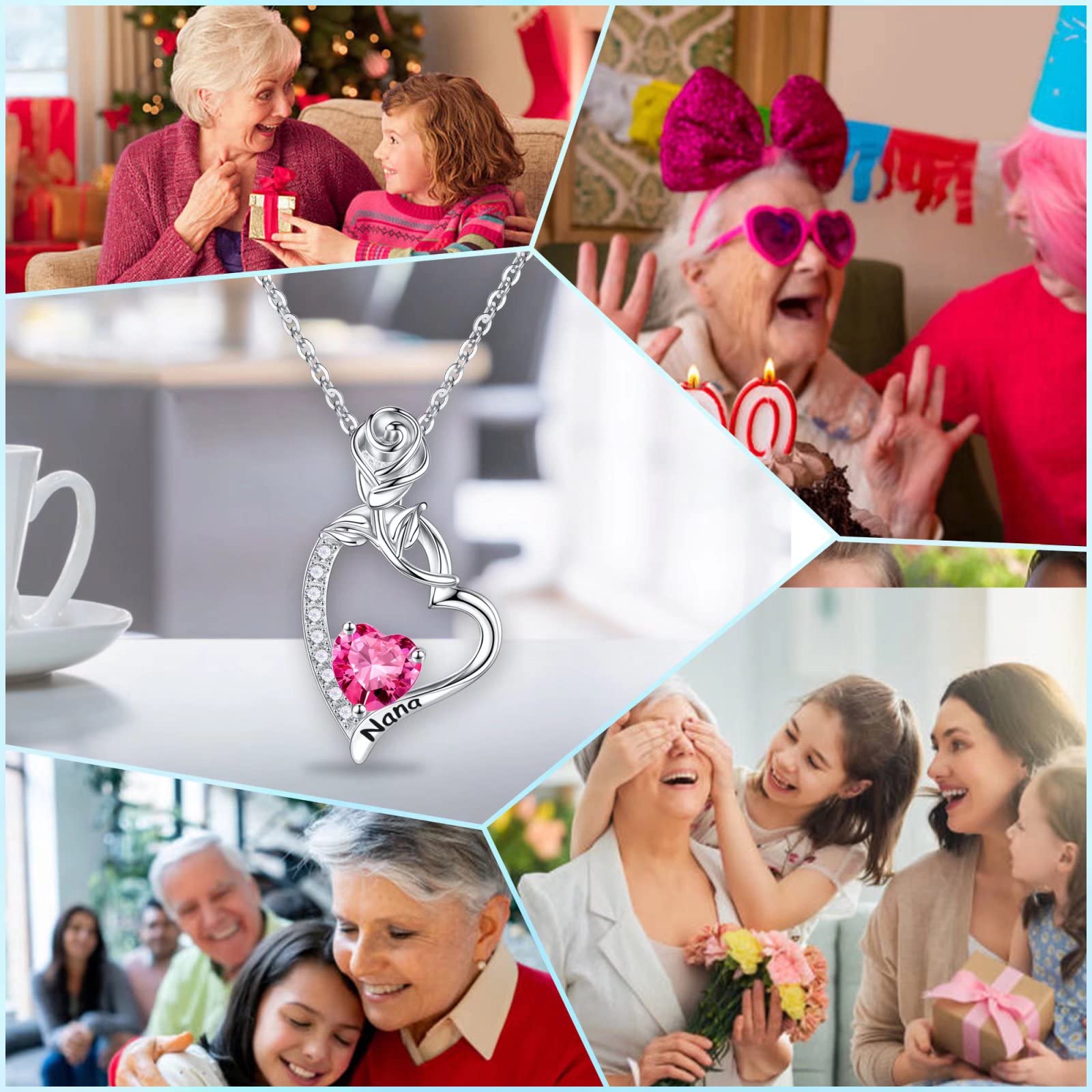 925 Sterling Silver Rose Heart Necklace with Birthstone - Elegant Grandma Jewelry Gift for Birthday, Mother's Day & Anniversary | Perfect for Special Occasions & Everyday Wear