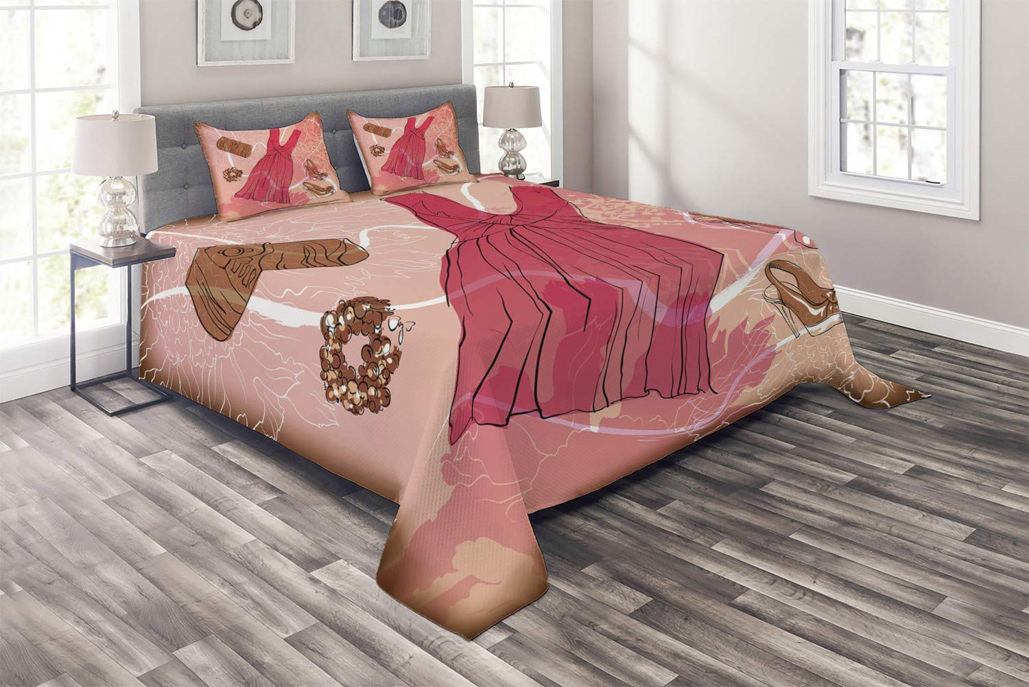 Ambesonne Floral Abstract Quilted Bedspread Set - King Size 3-Piece Bedding with 2 Pillow Shams | Pink, Brown & White Spring Inspired Design | Perfect for Master Bedroom Decor, Guest Room Makeover & Cozy Home Styling