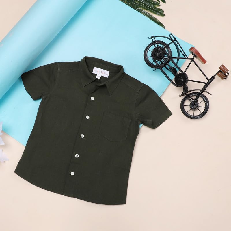 Drake Boys Half Sleeve Button Down Shirt - Casual Cotton Linen Blend with Pocket - Green Kids' Shirt for School, Playdates & Outdoor Activities