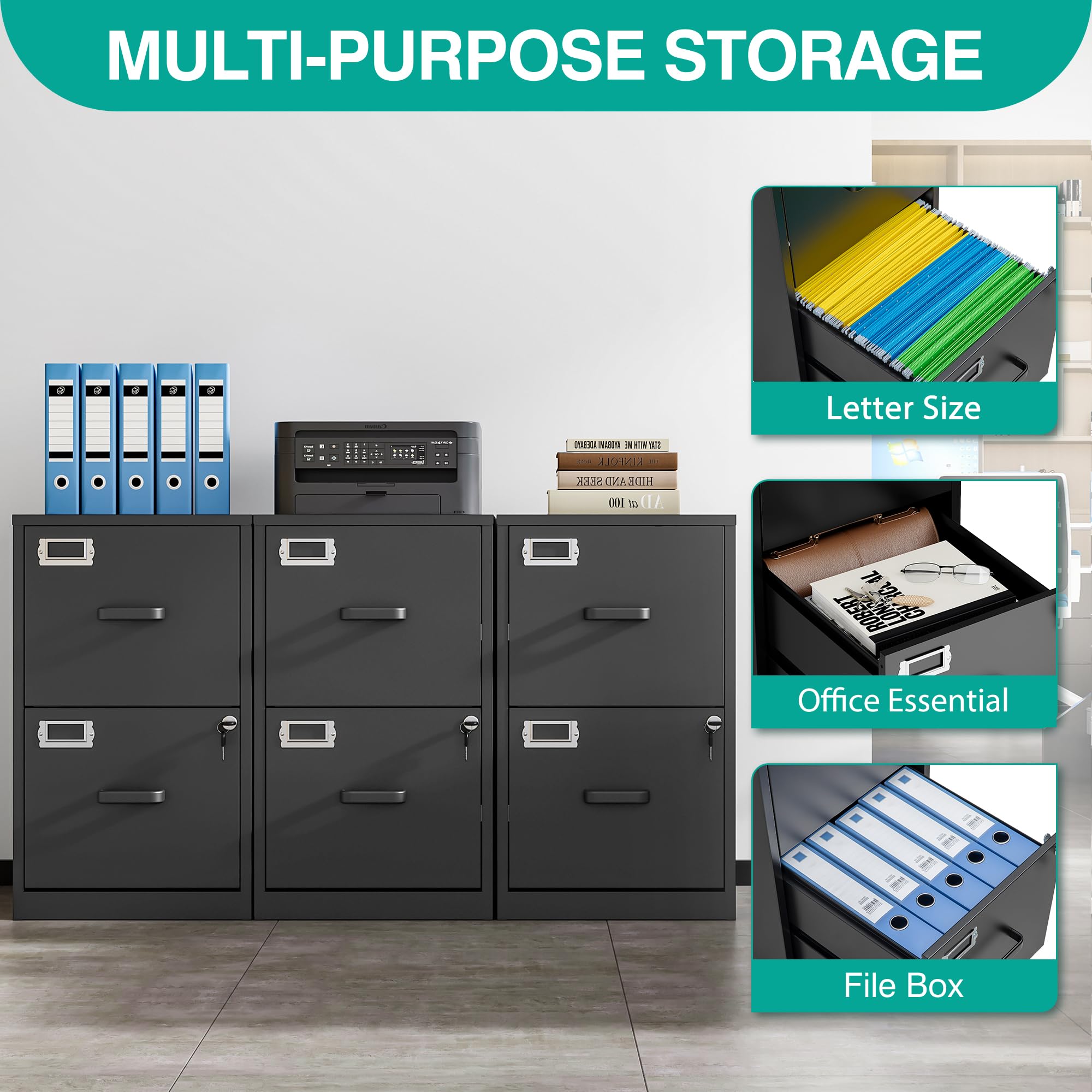 SESESOL 2-Drawer Locking File Cabinet - Vertical Metal Filing Cabinet for Home Office, Under Desk Storage, Letter Size Document Organizer - Perfect for Office, Study Room & Home Workspace Organization