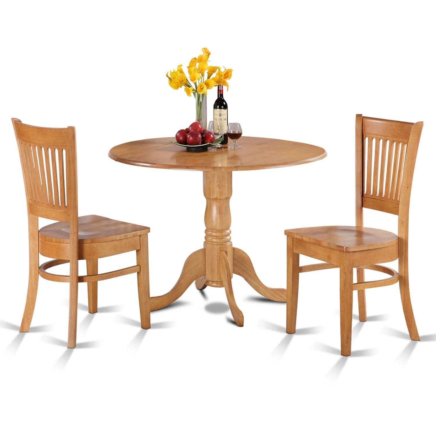 East West Furniture DLVA3-OAK-W 3-Piece Oak Dining Table Set with Drop Leaf & 2 Wooden Chairs for Small Spaces, 42x42 Inch - Perfect for Apartments, Breakfast Nooks & Cozy Kitchens