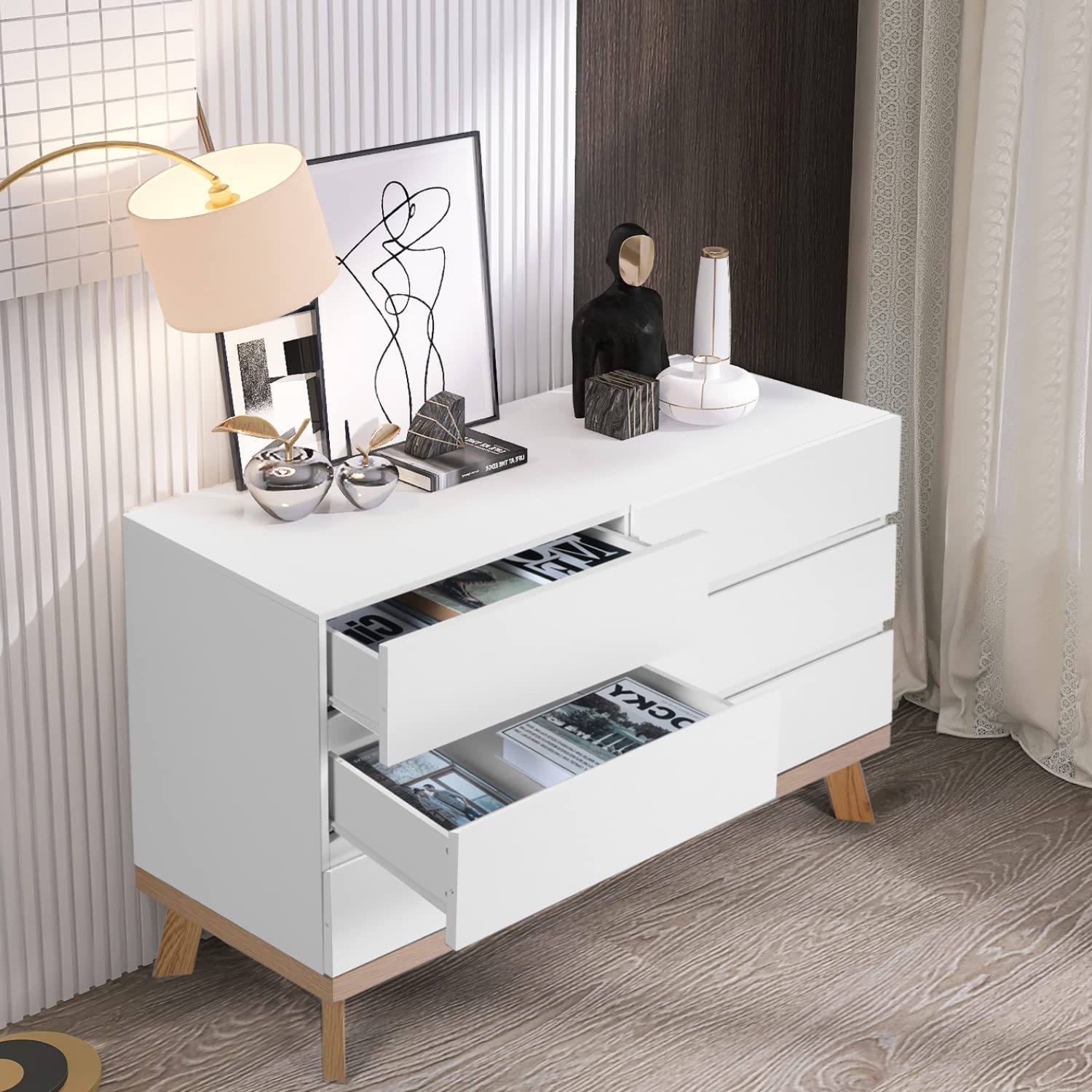 Modern White 6-Drawer Wooden Dresser for Bedroom - Wide Storage Chest of Drawers with Smooth Gliding Drawers - Perfect for Clothes, Linens & Bedroom Organization - Ideal for Master Bedroom, Guest Room, Living Room & Hallway Storage Solutions