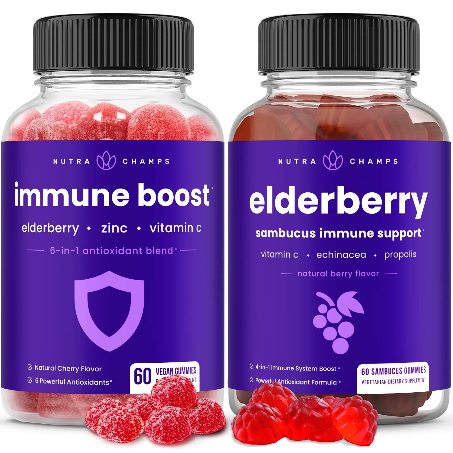 NutraChamps Immune Support Gummies & Elderberry Gummies (2-Pack Bundle) - Boosts Immunity, Vitamin C & Antioxidant Supplement - Perfect for Cold & Flu Season, Travel & Daily Wellness