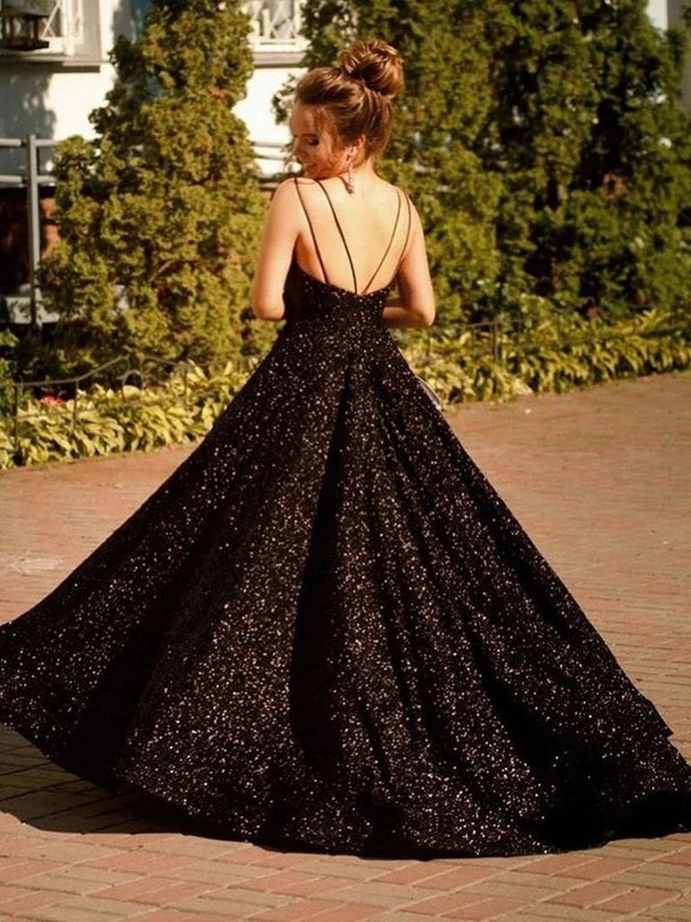 Elegant A-Line Black Sequin Prom Dress 2025 | Long V-Neck Formal Evening Gown for UK | Perfect for Homecoming, Prom Night & Special Occasions