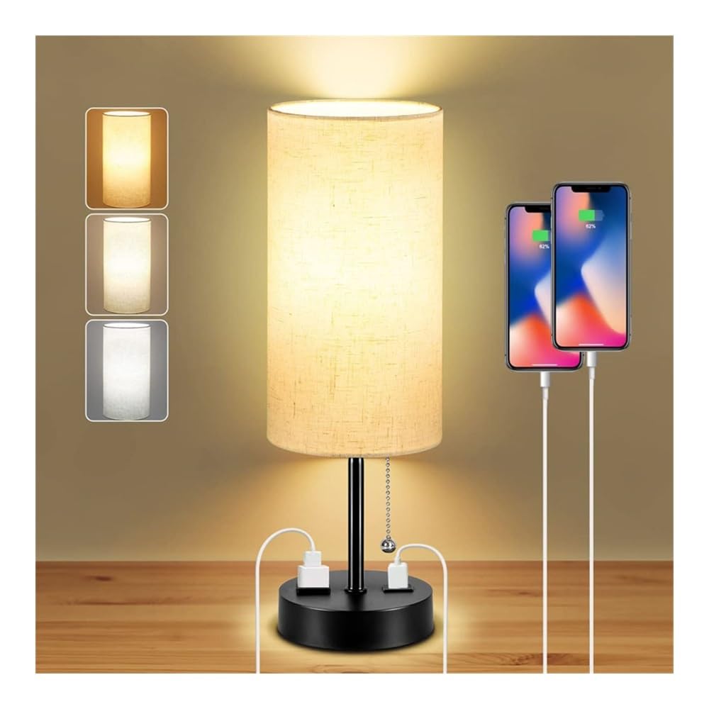 Modern Round Fabric Shade Bedside Table Lamp with 3-Way Dimmable Touch Control, USB-C Charging Port & AC Outlet - Nightstand Lamp for Bedroom, Living Room, Office Desk (Size A2) | Perfect for Reading, Working & Creating Cozy Ambiance