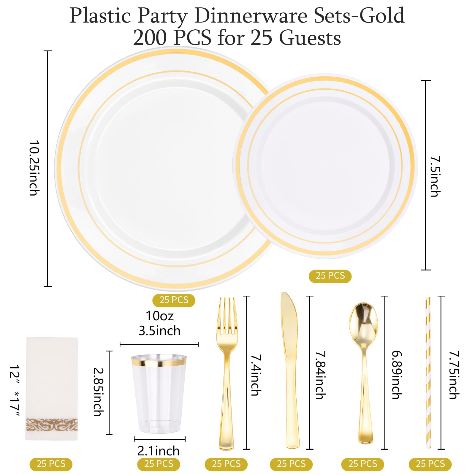 200-Piece Gold Dinnerware Set for 25 Guests - Heavy Duty Gold Rimmed White Plastic Disposable Plates, Cups, Silverware, Napkins & Straws - Elegant Wedding, Party & Event Tableware for Celebrations