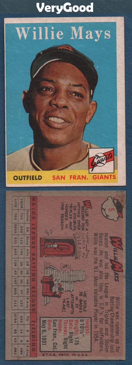 1958 Topps Willie Mays #5 San Francisco Giants Baseball Card - VG Condition | Vintage Sports Memorabilia for Collectors & Fans