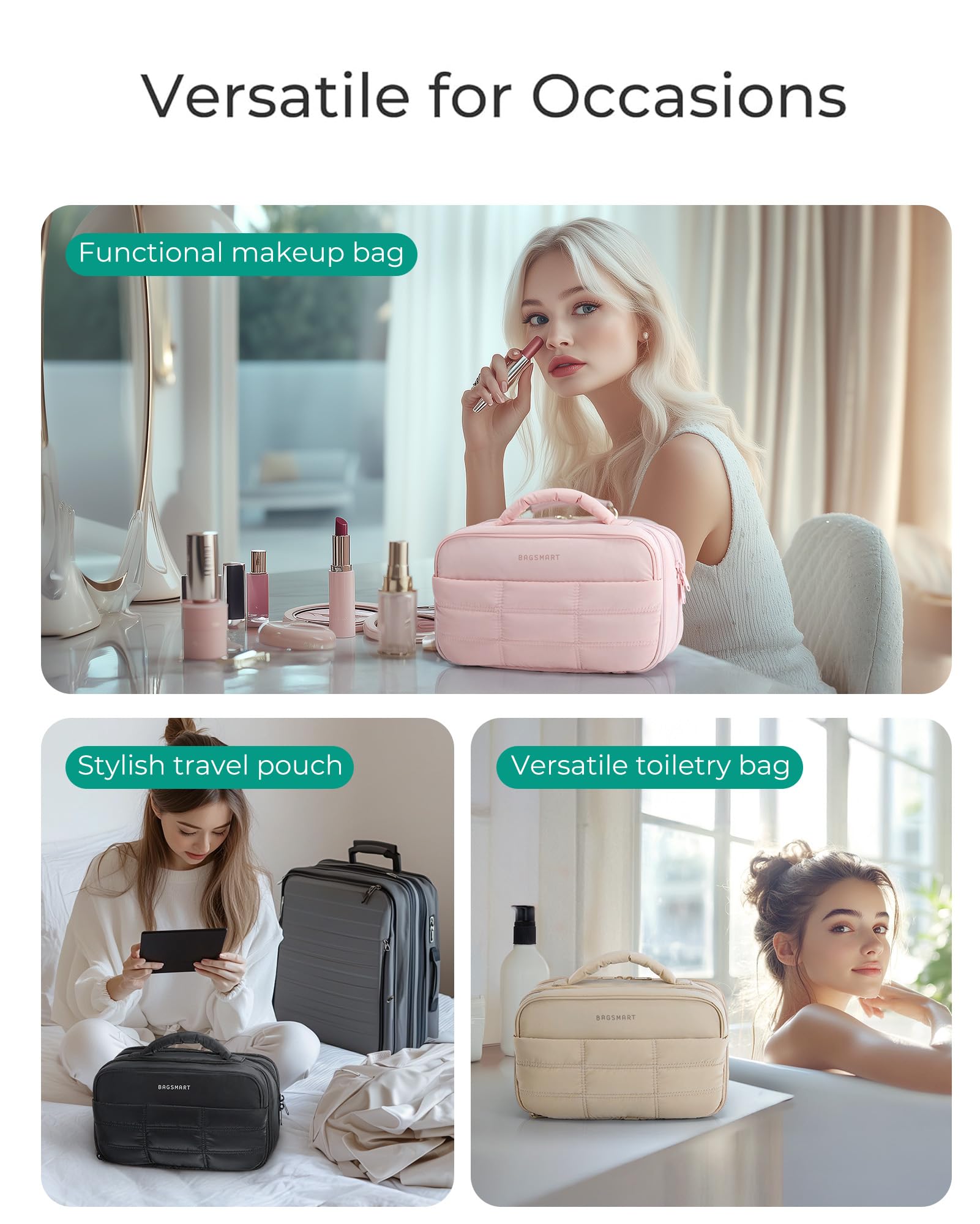 BAGSMART Women's Travel Toiletry Bag - Large Capacity Makeup Organizer with Wide Opening for Cosmetics, Brushes & Travel-Size Bottles - Perfect for Vacation, Gym & Business Trips (Pink)