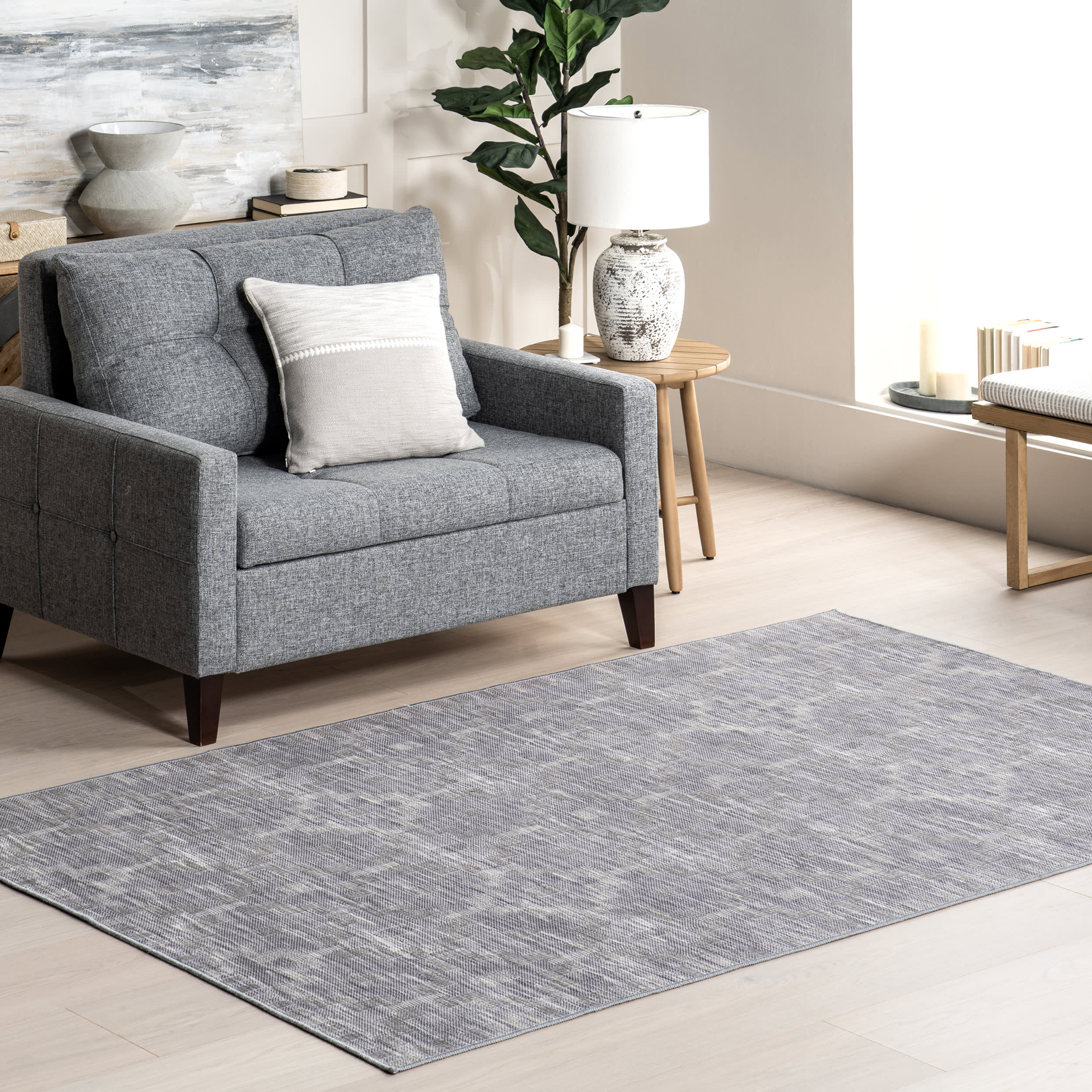 Erna Geometric Washable Rug - Non-Slip Modern Area Rug for Living Room, Bedroom, Nursery - Soft & Durable Blue Home Decor Carpet for Indoor Use