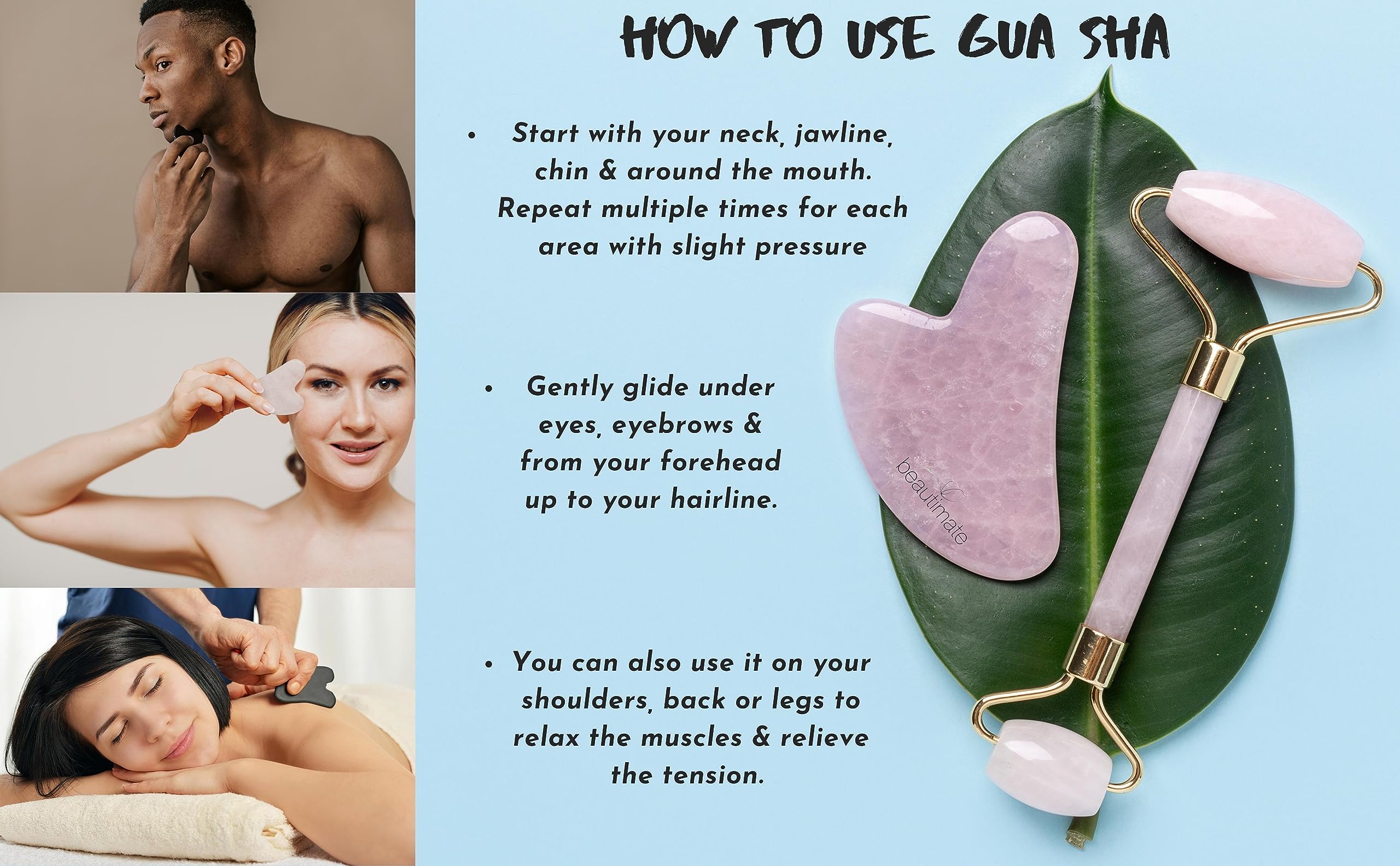 Rose Quartz Jade Roller & Gua Sha Set - Natural Facial Massage Tools for Skin Care, Wrinkle Reduction & Lymphatic Drainage - Perfect for Anti-Aging Routine & Relaxing Spa Night
