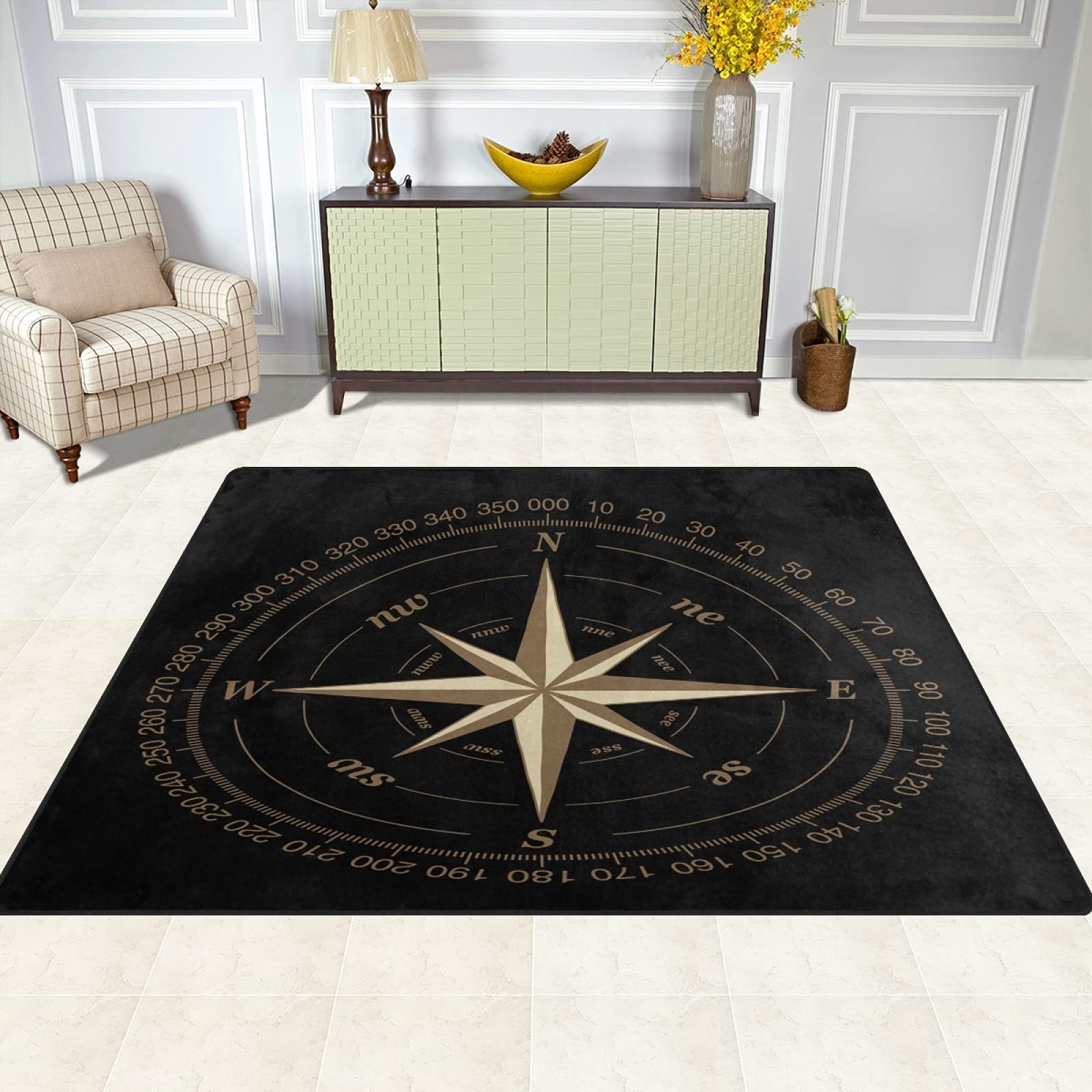 ALAZA Compass Rose Black Area Rug 7' x 5' - Non-Slip Living Room & Bedroom Carpet - Bohemian Home Decor for Dorm, Office, Nursery | Soft Floor Mat for Kids Play Area