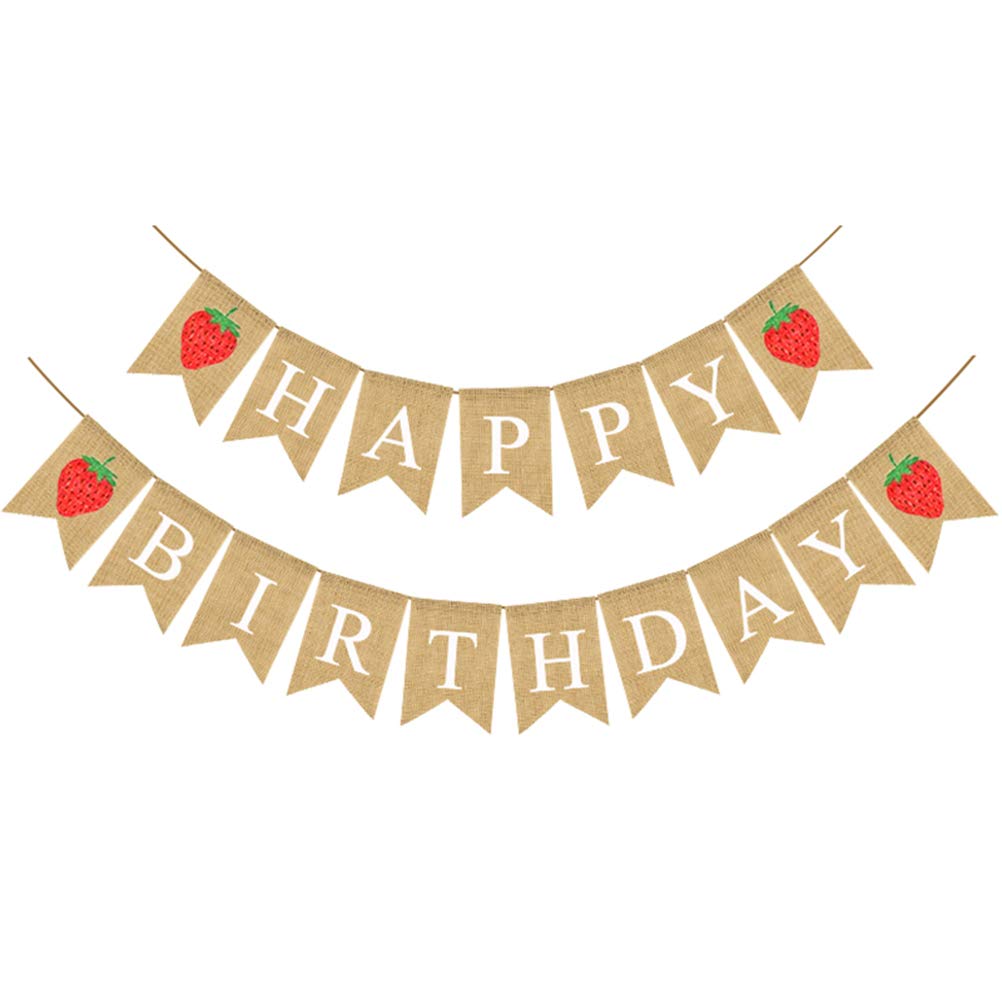 Amosfun Strawberry Theme Burlap Banner - Swallowtail Bunting Linen Flag Hanging Garland for Birthday Party Decorations - Perfect for Baby Showers, Bridal Showers & Garden Parties