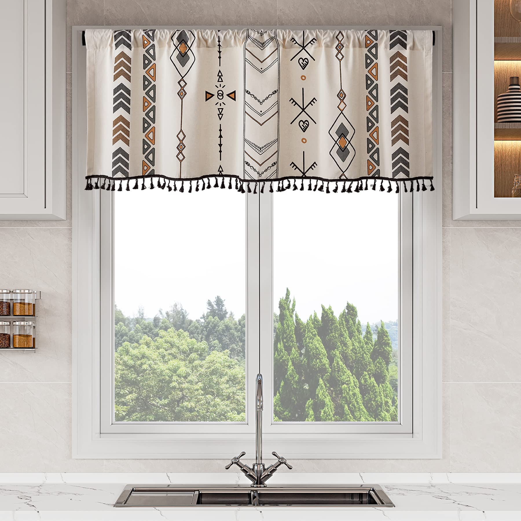 Boho Window Valance Curtain with Black Tassels - Ethnic Geometric Kitchen & Bathroom Curtain, Light Filtering Tier, Rod Pocket Top & Fringe Hem, 59