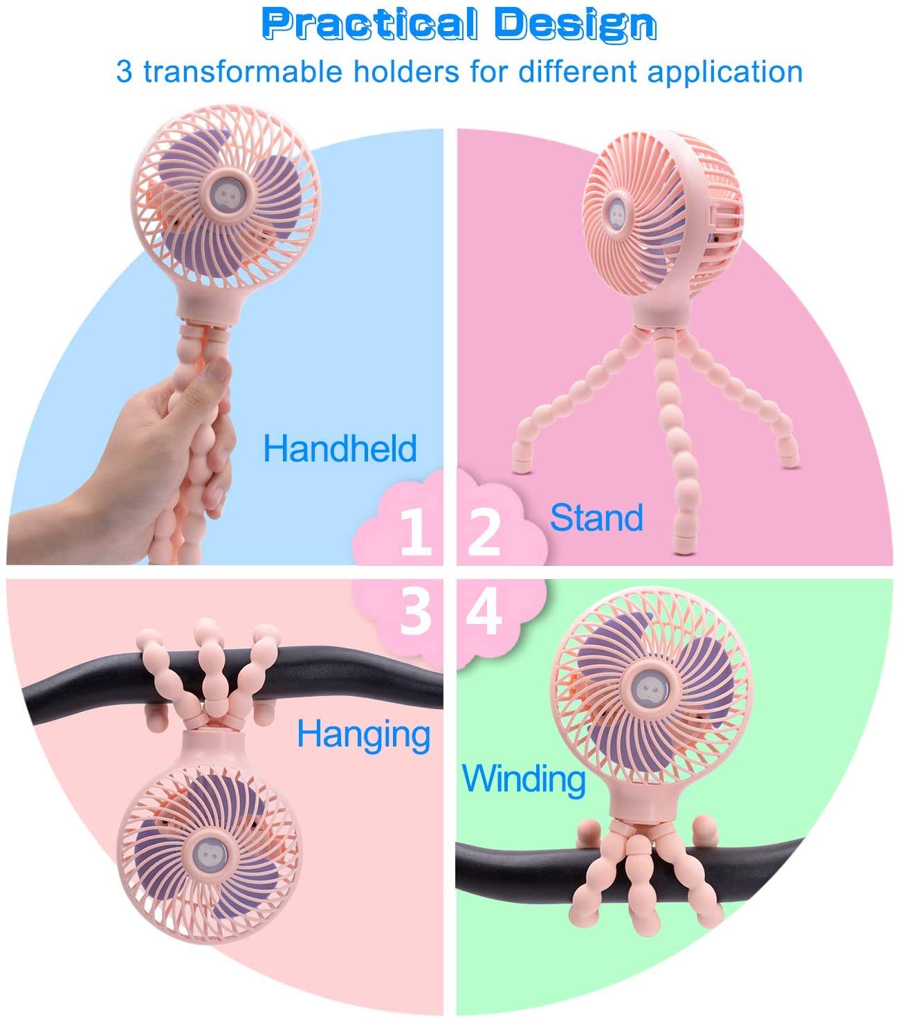 Upgraded Portable USB Rechargeable Stroller Fan with Flexible Tripod - 3 Speed Settings, Hands Free Cooling for Baby Strollers, Camping, Travel, Office Desk, Car Seat & Home Use (Pink)