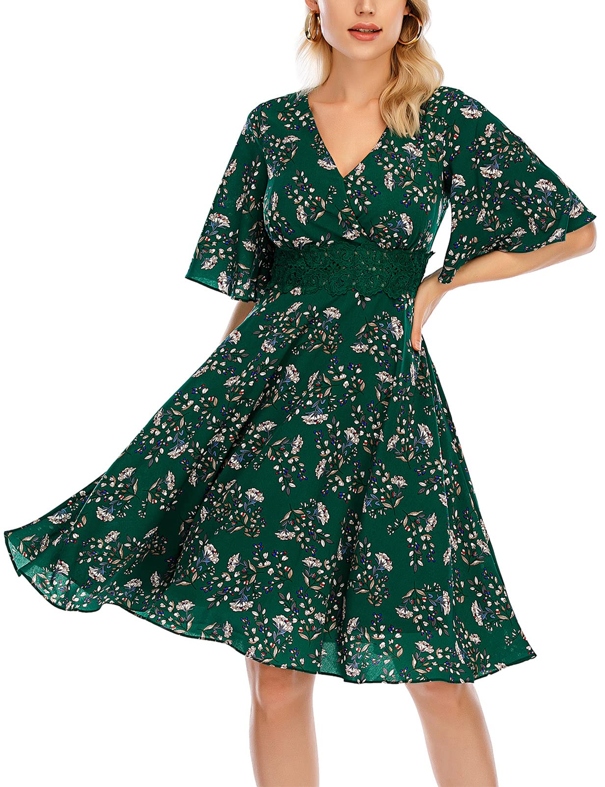 Bbonlinedress Women's Floral Chiffon Midi Dress - Summer Cocktail Wrap V-Neck Wedding Guest Dress for Parties, Bridal Showers & Special Occasions