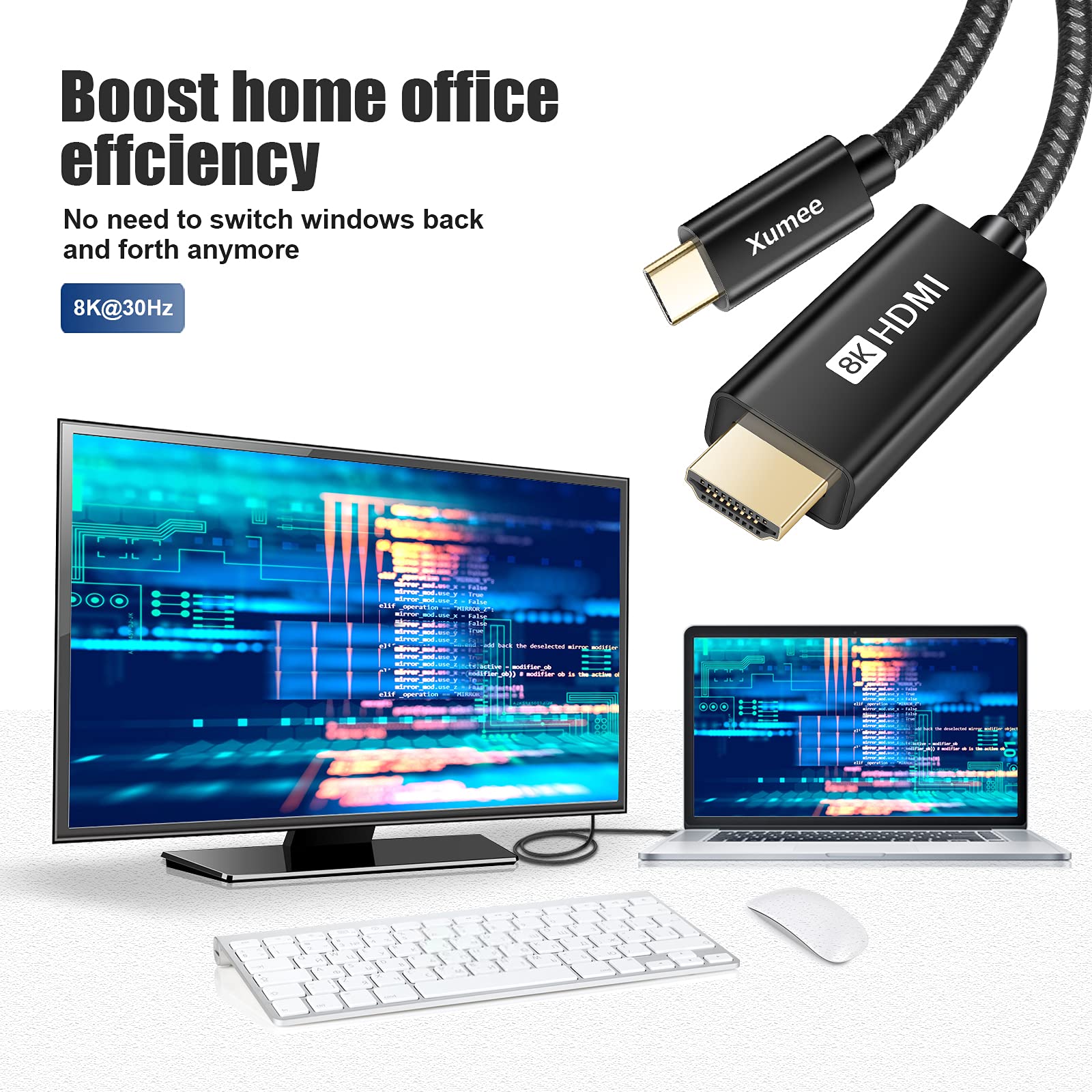 Xumee USB C to HDMI Cable 8K@30Hz & 4K@120Hz, 48Gbps Thunderbolt 3/4 to HDMI Adapter - Compatible with iPhone 15 Pro Max/Pro/Plus, MacBook Pro/Air, iPad Pro, Surface Pro - Perfect for Home Theater, Gaming & Office Presentations (6.6FT/2M)