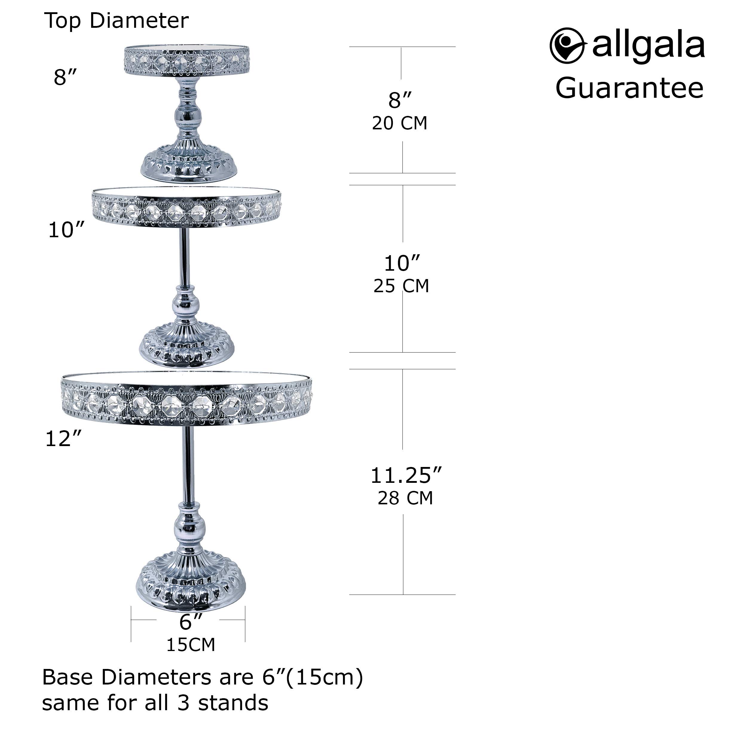 Allgala 3-Piece Silver Chrome Plated Crystal Dessert Stand Set with Mirror Plate - Elegant Cake & Cupcake Display for Weddings, Parties, and Tea Time (HD89209)