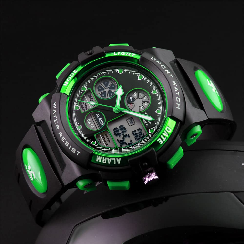 PASNEW Kids Sports Watch for Boys - Waterproof LED Digital Watch with Alarm, Calendar & 50M Water Resistance - Luminous Green Dial for Outdoor Activities, Swimming & School Use