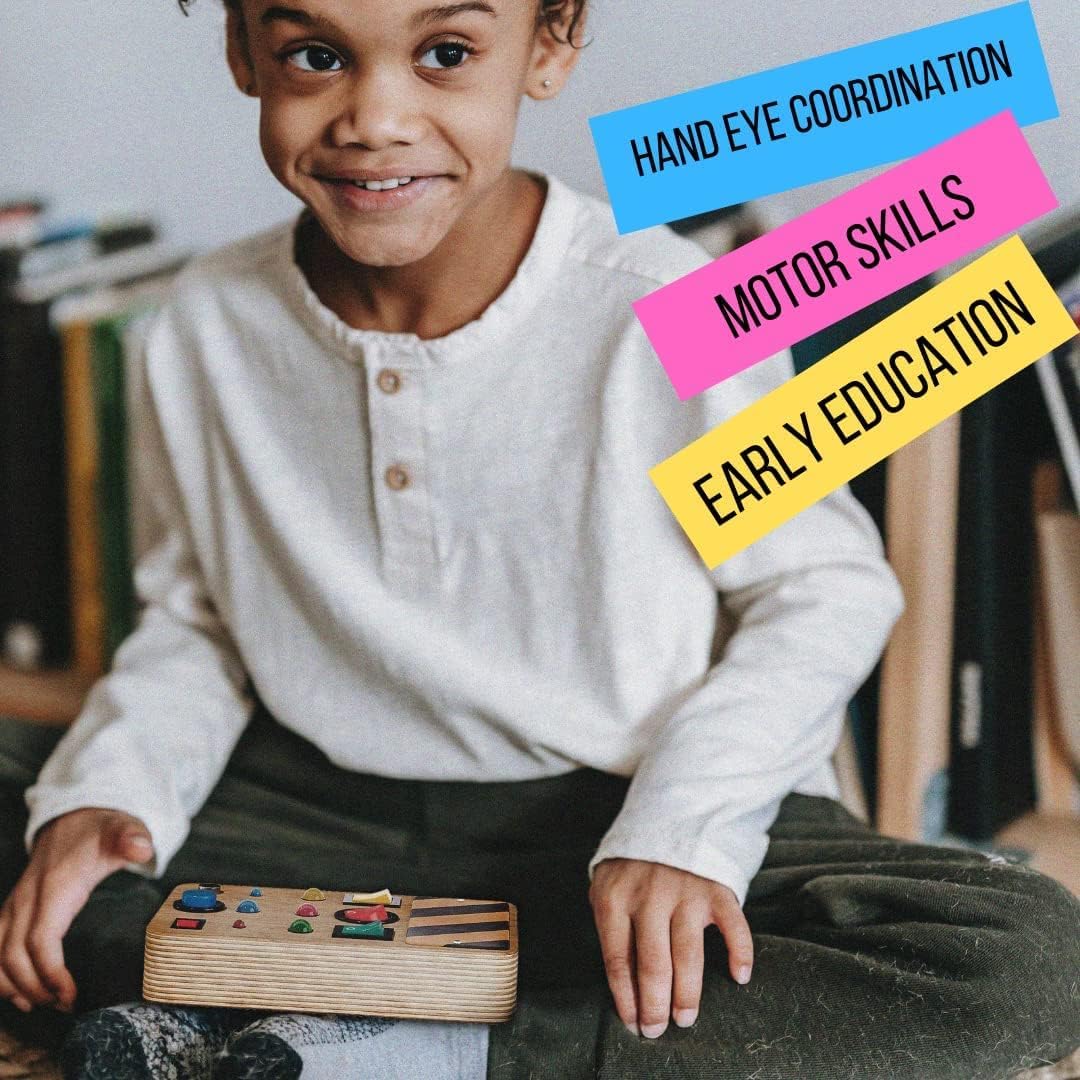 Montessori Busy Board for Toddlers 1-3 Years - Wooden Sensory Toys with LED Light Up Buttons & Pluggable Wires - Educational Learning Fidget Toy for Autistic Children - Perfect Baby Shower Gift for Boys & Girls - Great for Travel, Home Play & Early Childhood Development